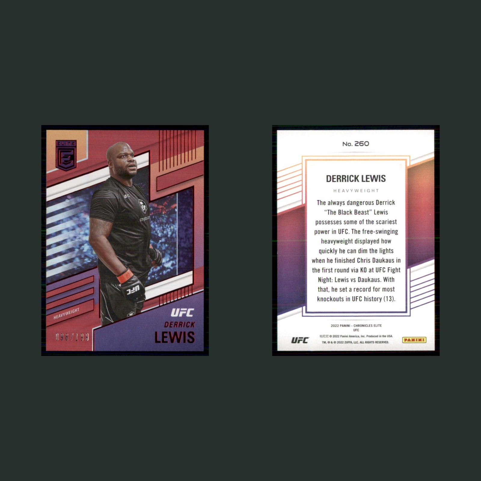 Derrick Lewis /199 #260 2022 Panini Chronicles Elite UFC Red MMA Card front and back scans. Card condition is Near Mint.