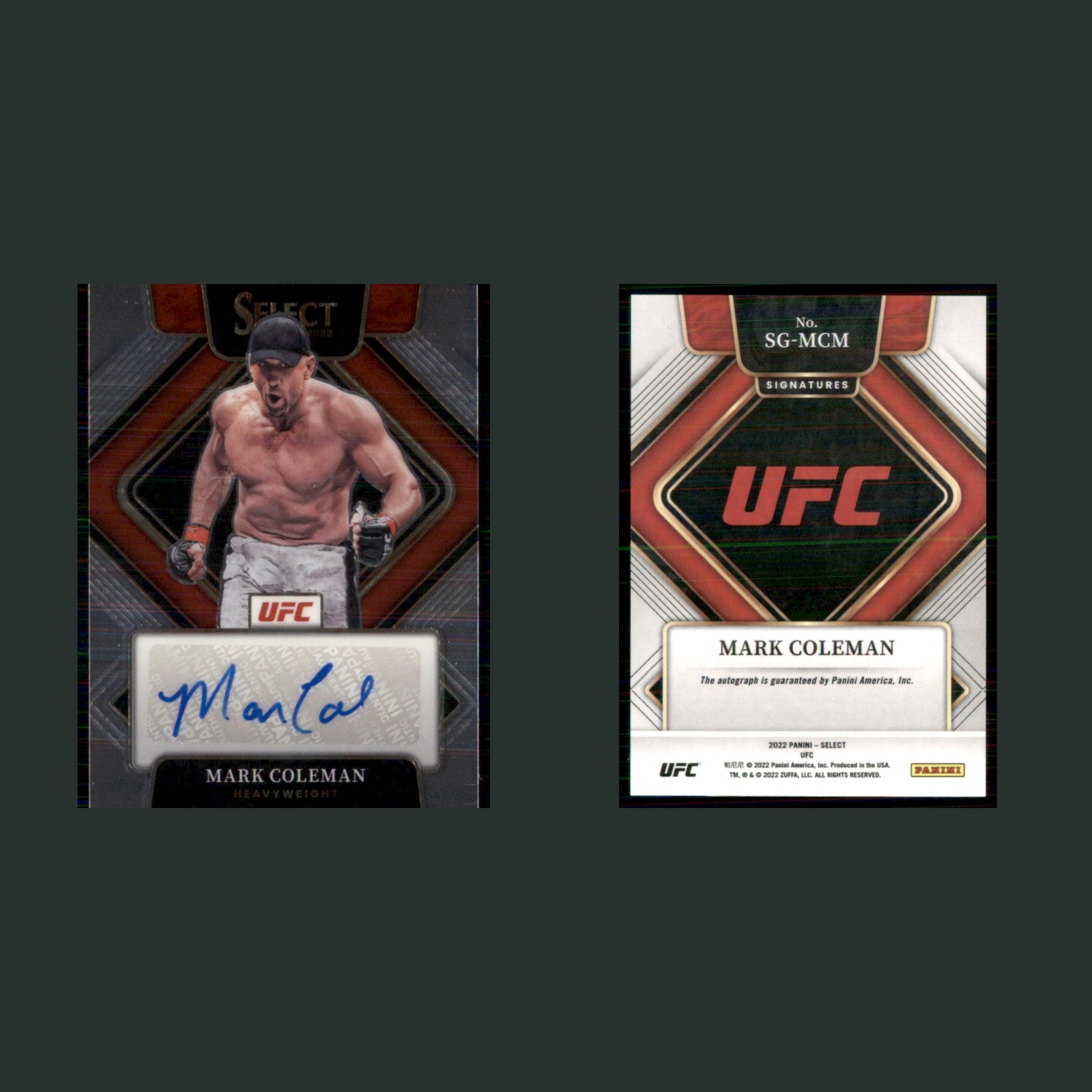 Mark Coleman Auto #SG-MCM 2022 Panini Select UFC Signatures MMA Card front and back scans. Card condition is Near Mint.