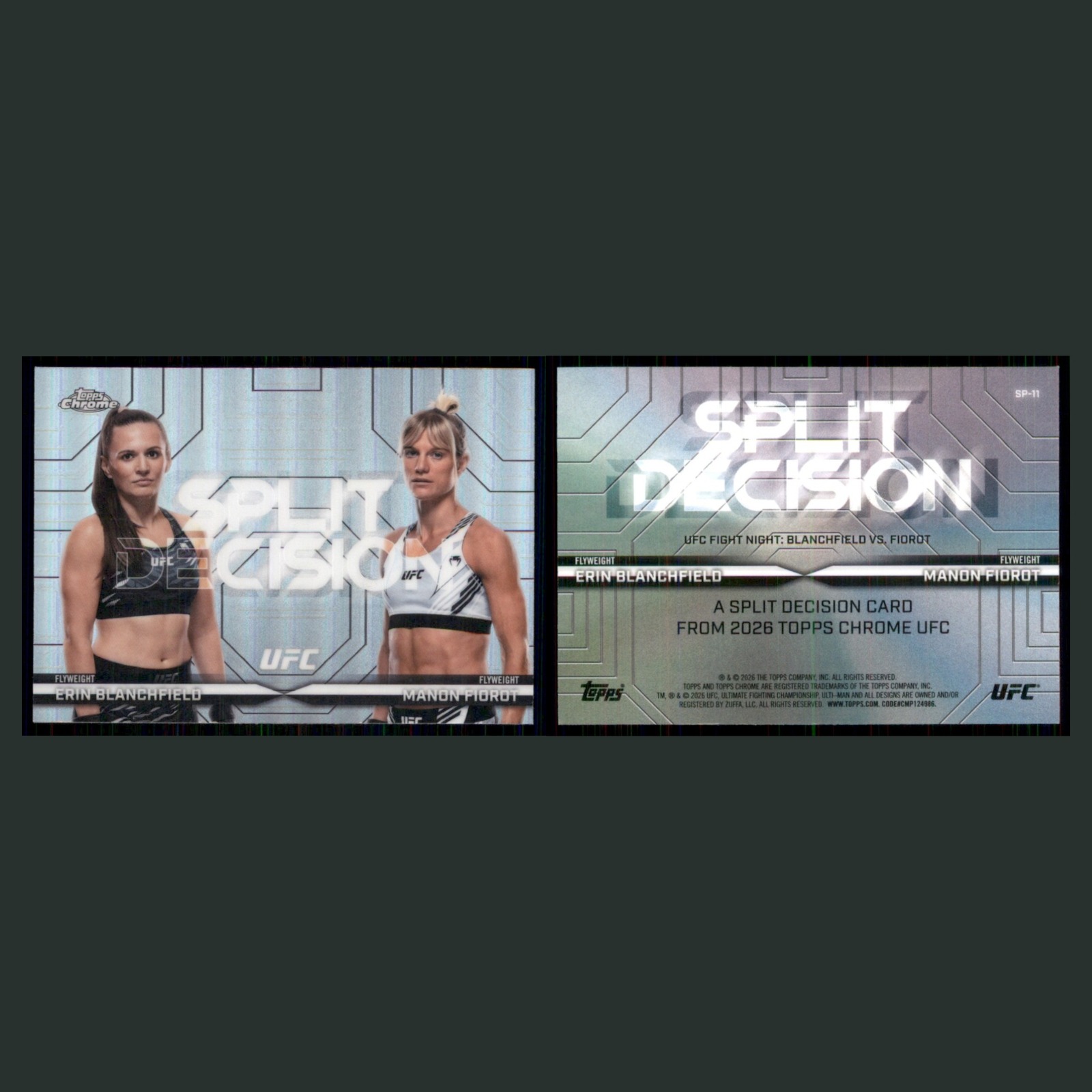 Erin Blanchfield/Manon Fiorot #SP-11 2026 Topps Chrome UFC Split Decision MMA front and back scans. Card condition is Near Mint.