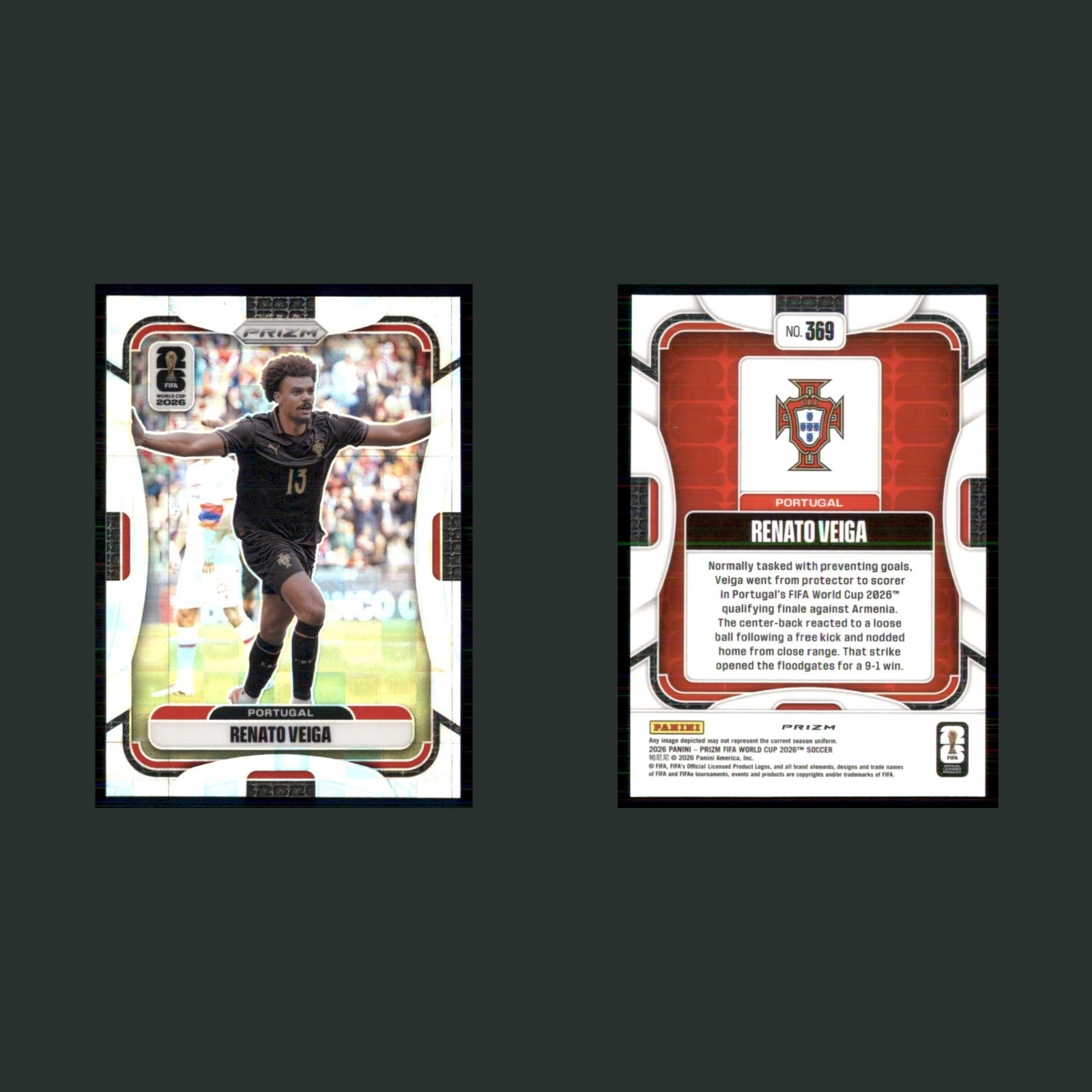 Renato Veiga #369 2026 Panini Prizm FIFA World Cup 2026 Pandora Portugal Soccer front and back scans. Card condition is Near Mint.