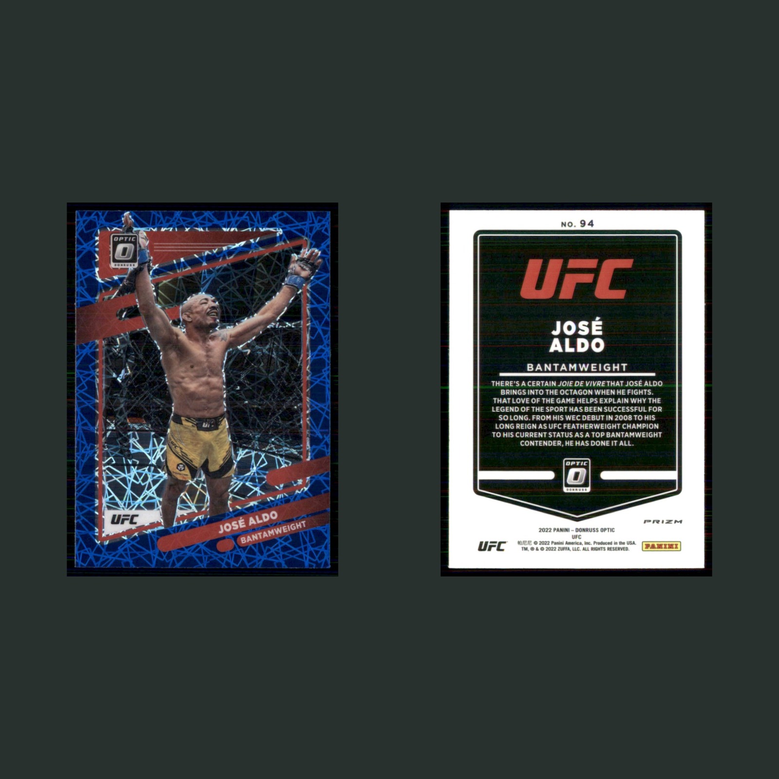 José Aldo #94 2022 Panini Donruss Optic UFC Blue Velocity MMA Card front and back scans. Card condition is Near Mint.