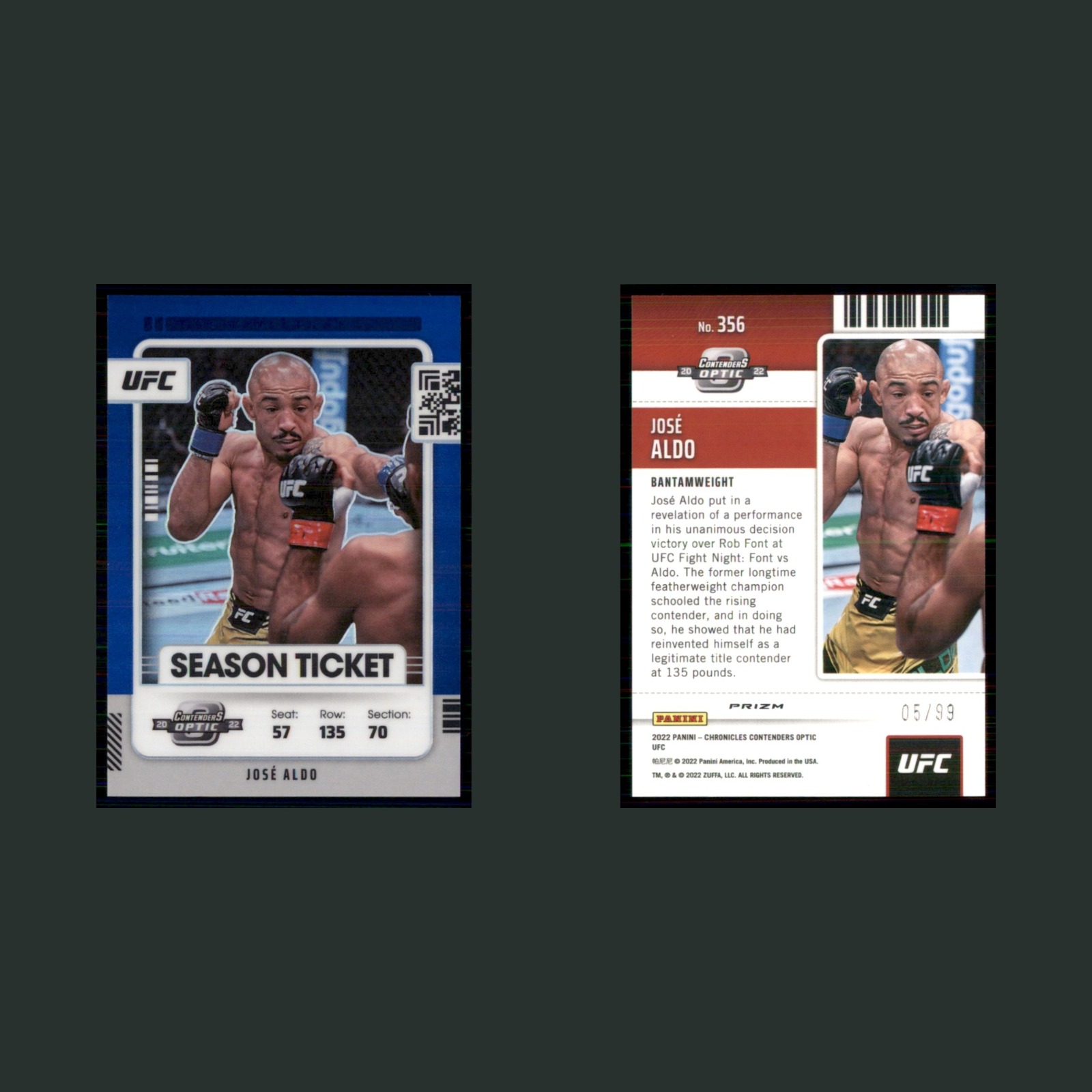 José Aldo /99 #356 2022 Panini Chronicles Contenders Optic UFC Blue Prizm MMA front and back scans. Card condition is Near Mint.