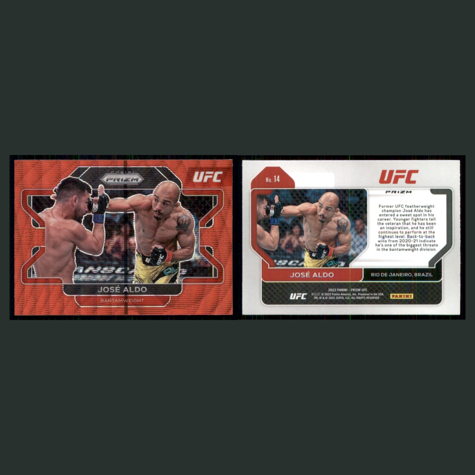 José Aldo #14 2022 Panini Prizm UFC Ruby Wave MMA Card front and back scans. Card condition is Near Mint.