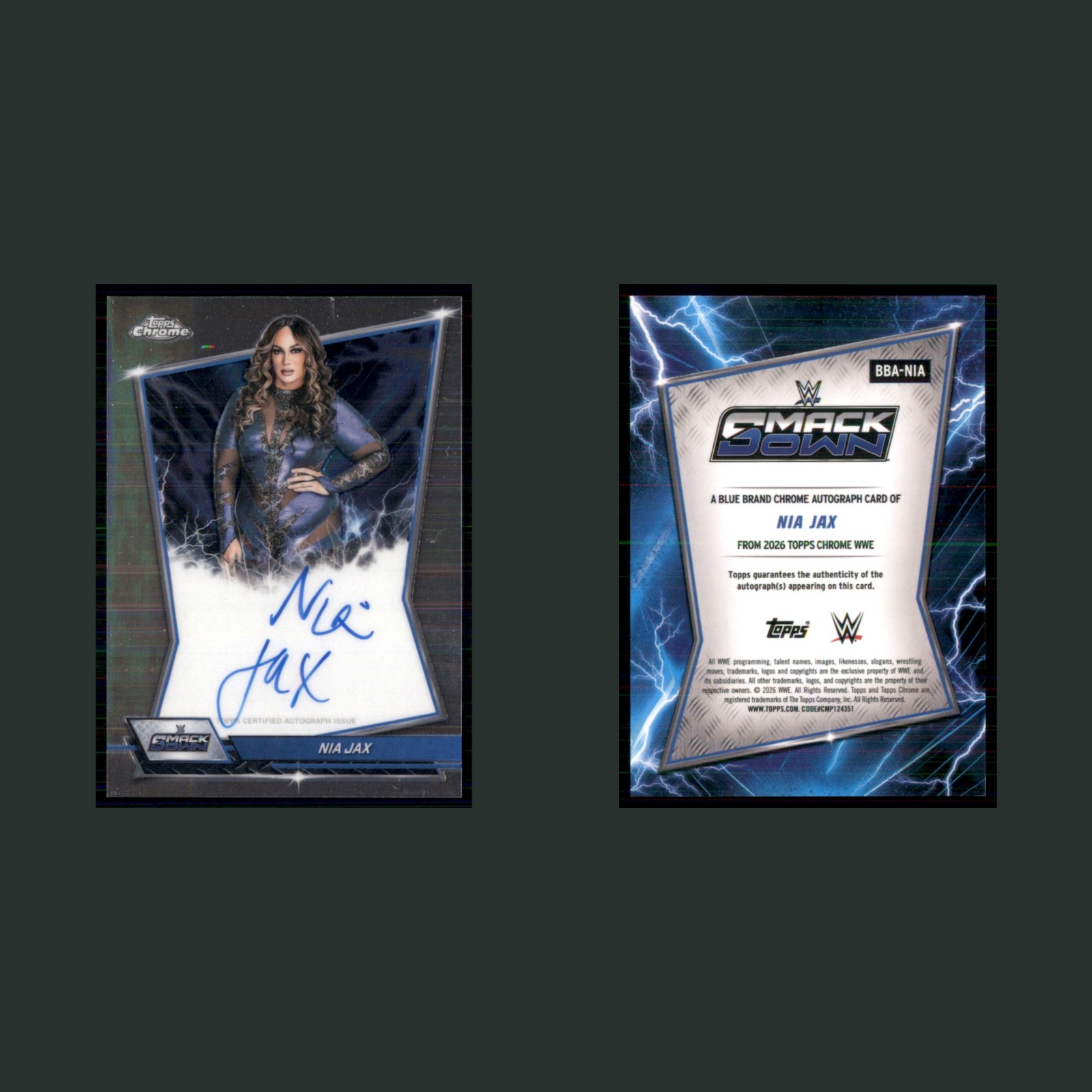 Nia Jax Auto #BBA-NIA 2026 Topps Chrome WWE Blue Brand Autograph WWE Wrestling front and back scans. Card condition is Near Mint.