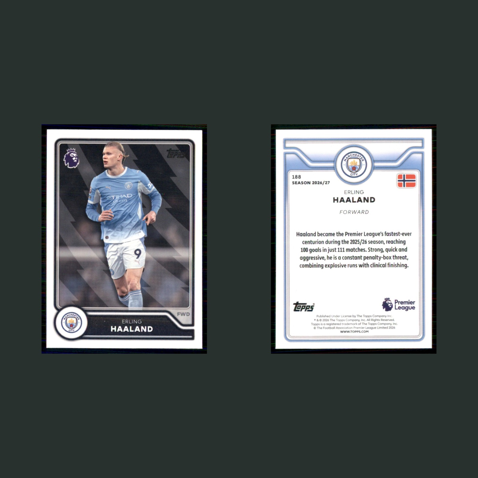 Erling Haaland #188 2026 Topps Premier League Manchester City Soccer Card front and back scans. Card condition is Near Mint.