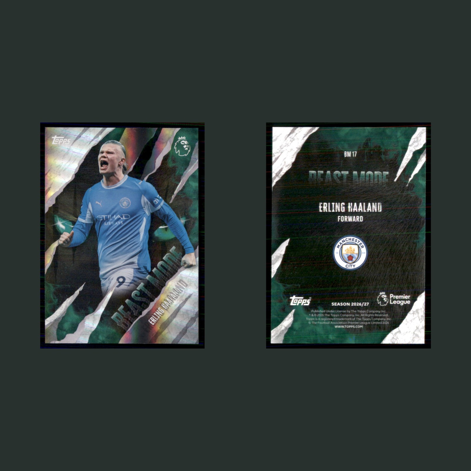 Erling Haaland #BM 17 2026 Topps Premier League Beast Mode Manchester City Card front and back scans. Card condition is Near Mint.