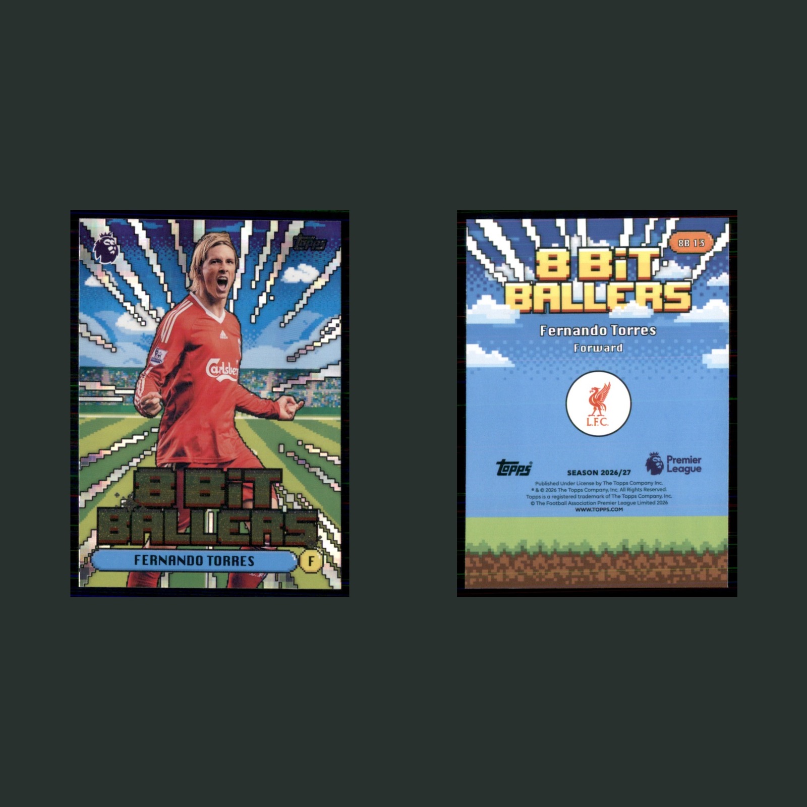 Fernando Torres #8B 13 2026 Topps Premier League 8 Bit Ballers Liverpool FC Card front and back scans. Card condition is Near Mint.