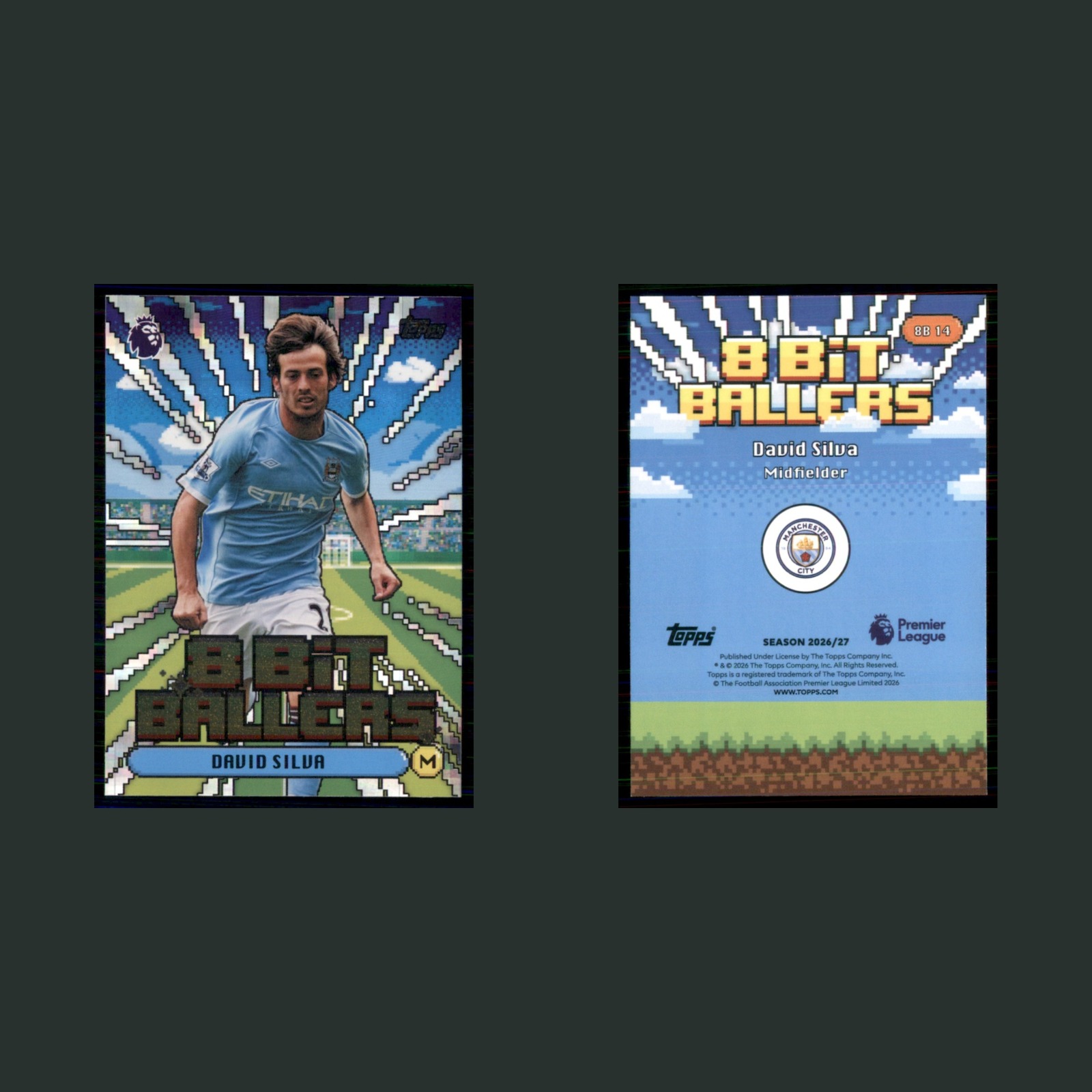 David Silva #8B 14 2026 Topps Premier League 8 Bit Ballers Manchester City Card front and back scans. Card condition is Near Mint.