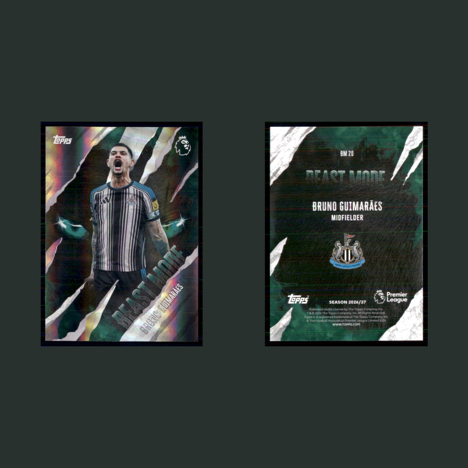 Bruno Guimarães #BM 20 2026 Topps Premier League Beast Mode Newcastle United front and back scans. Card condition is Near Mint.