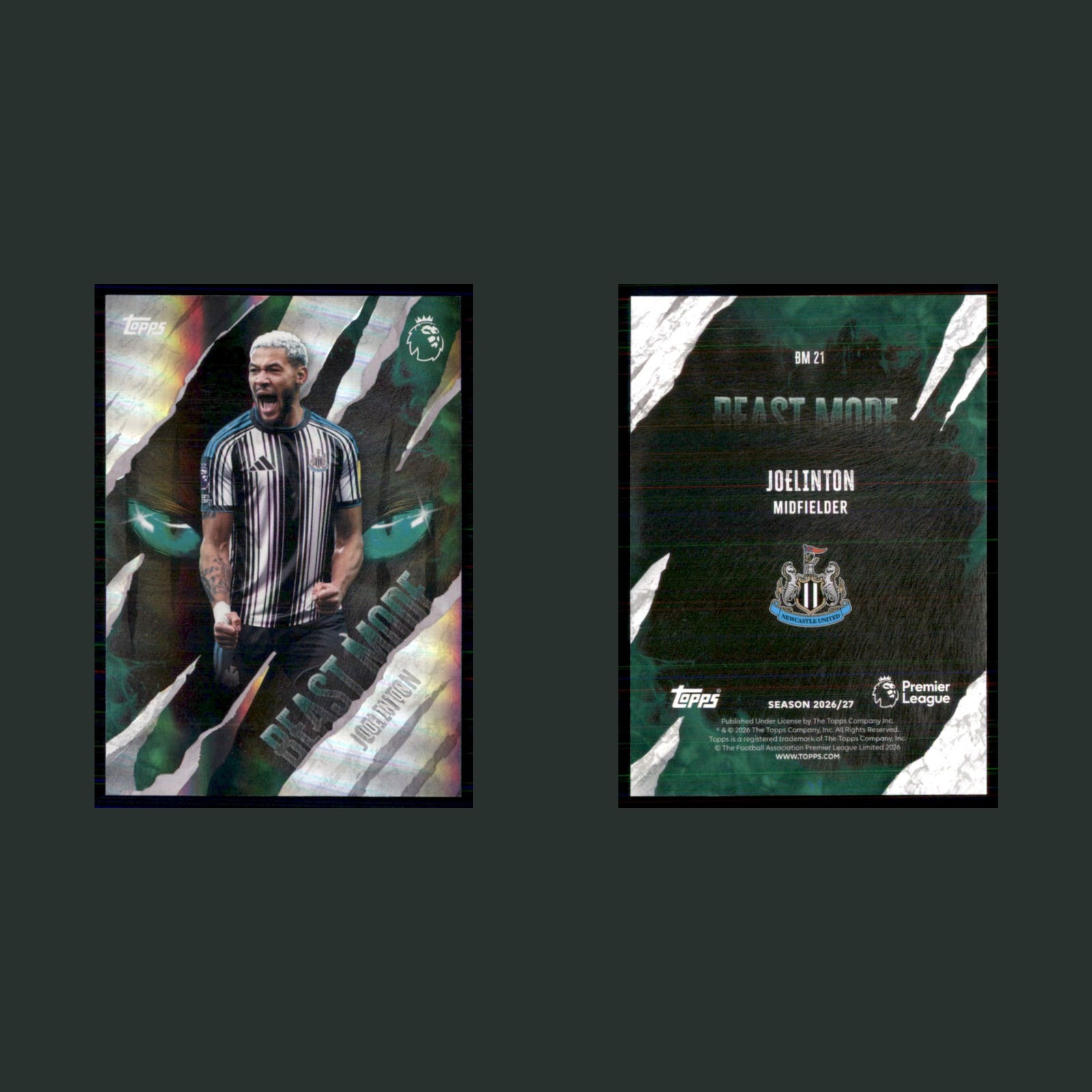 Joelinton #BM 21 2026 Topps Premier League Beast Mode Newcastle United Soccer front and back scans. Card condition is Near Mint.
