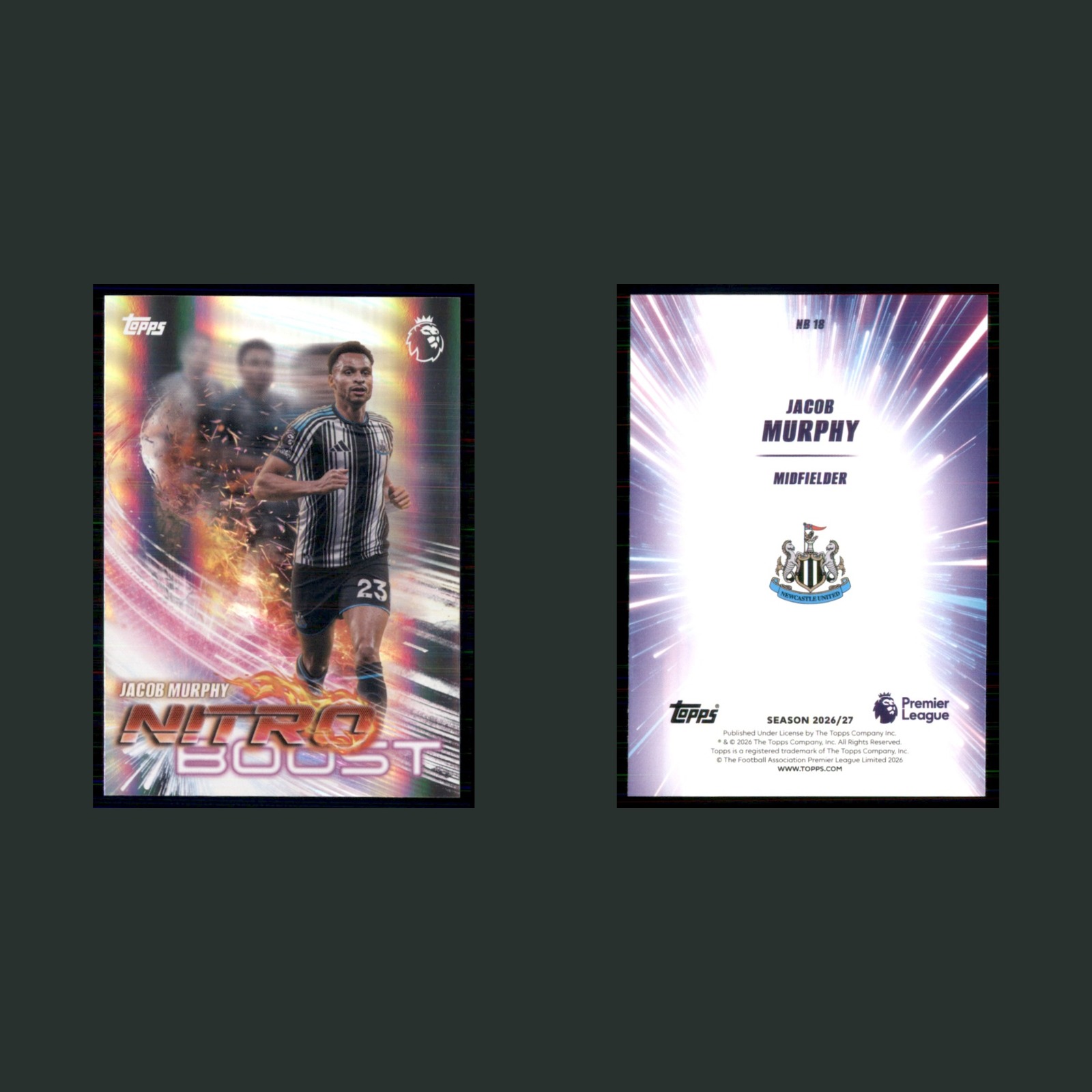 Jacob Murphy #NB 18 2026 Topps Premier League Nitro Boost Newcastle United Card front and back scans. Card condition is Near Mint.