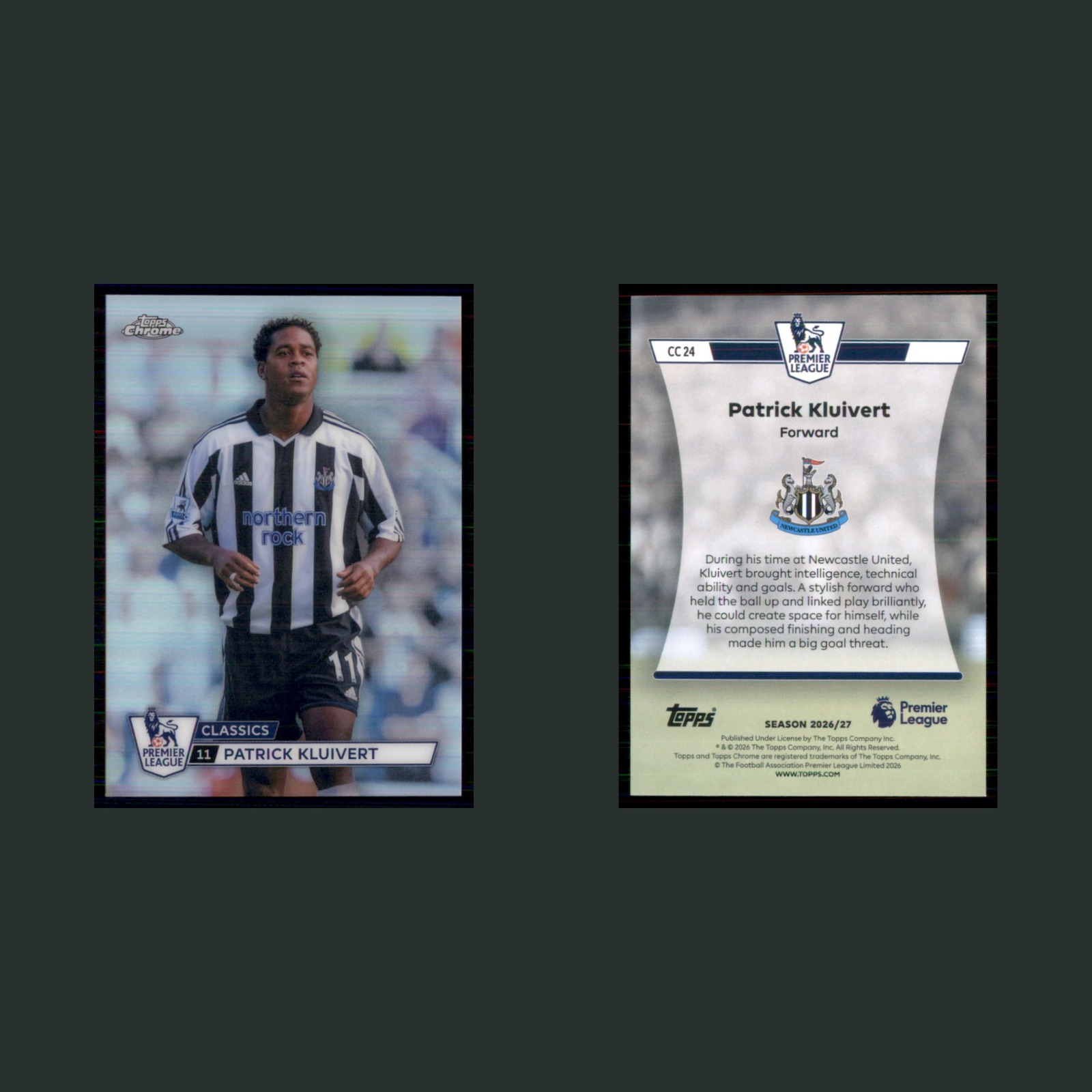 Patrick Kluivert #CC 24 2026 Topps Premier League Chrome Classics Soccer Card front and back scans. Card condition is Near Mint.