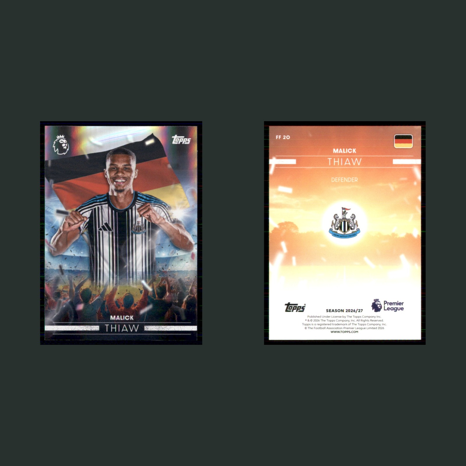 Malick Thiaw #FF 20 2026 Topps Premier League Flying The Flag Newcastle United front and back scans. Card condition is Near Mint.