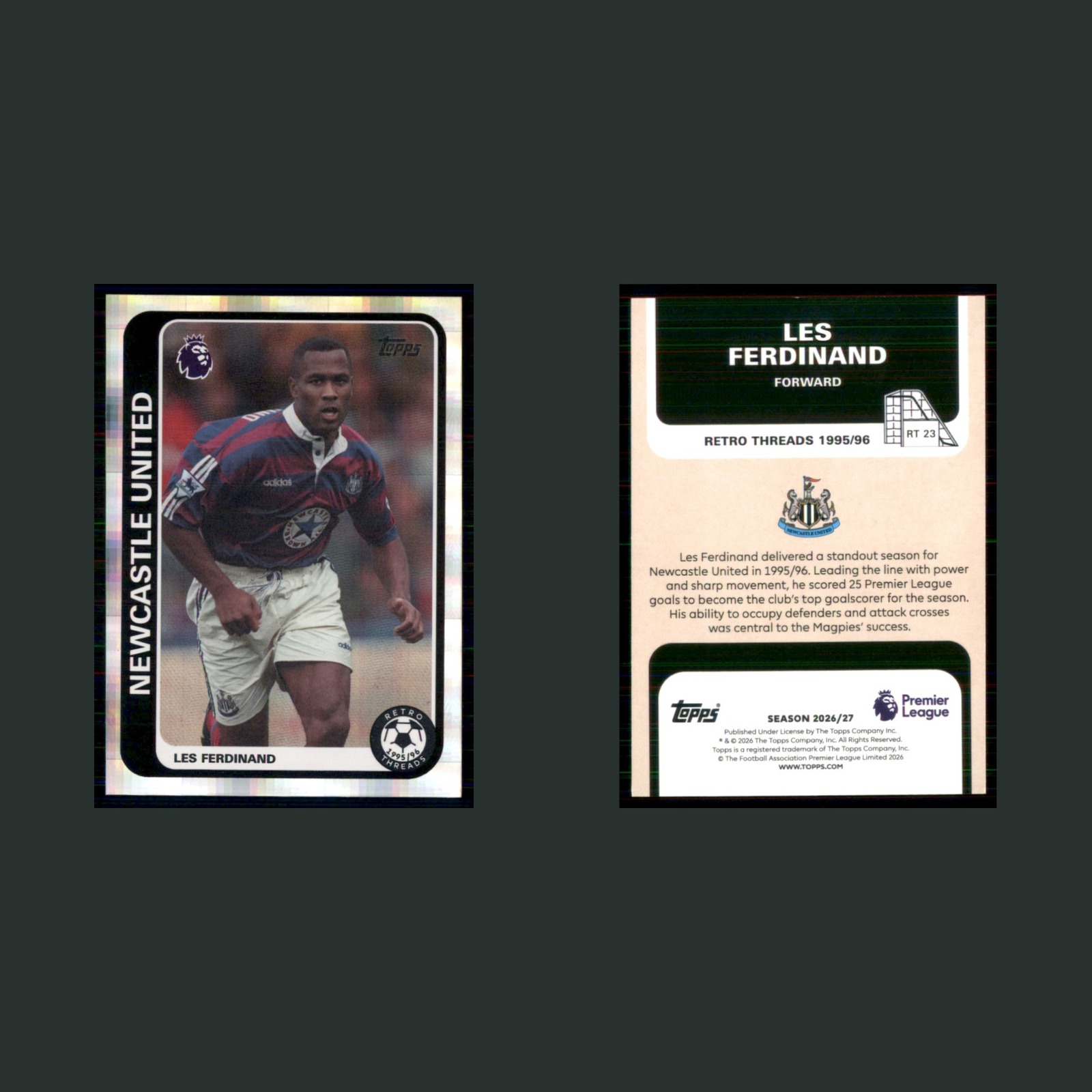 Les Ferdinand #RT 23 2026 Topps Premier League Retro Threads Newcastle United front and back scans. Card condition is Near Mint.