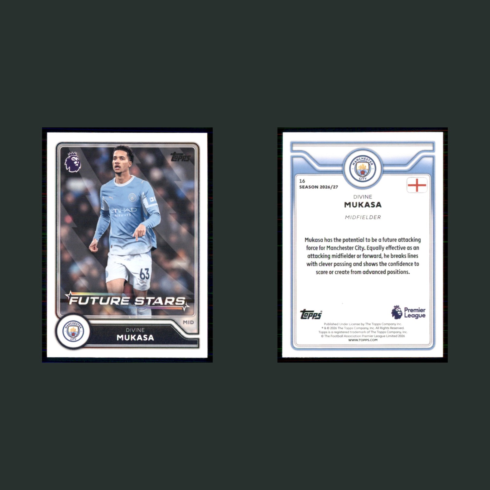 Divine Mukasa #16 2026 Topps Premier League Future Stars Manchester City Soccer front and back scans. Card condition is Near Mint.