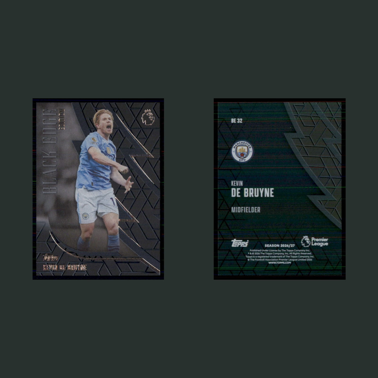 Kevin De Bruyne #BE 32 2026 Topps Premier League Black Edge Manchester City Card front and back scans. Card condition is Near Mint.