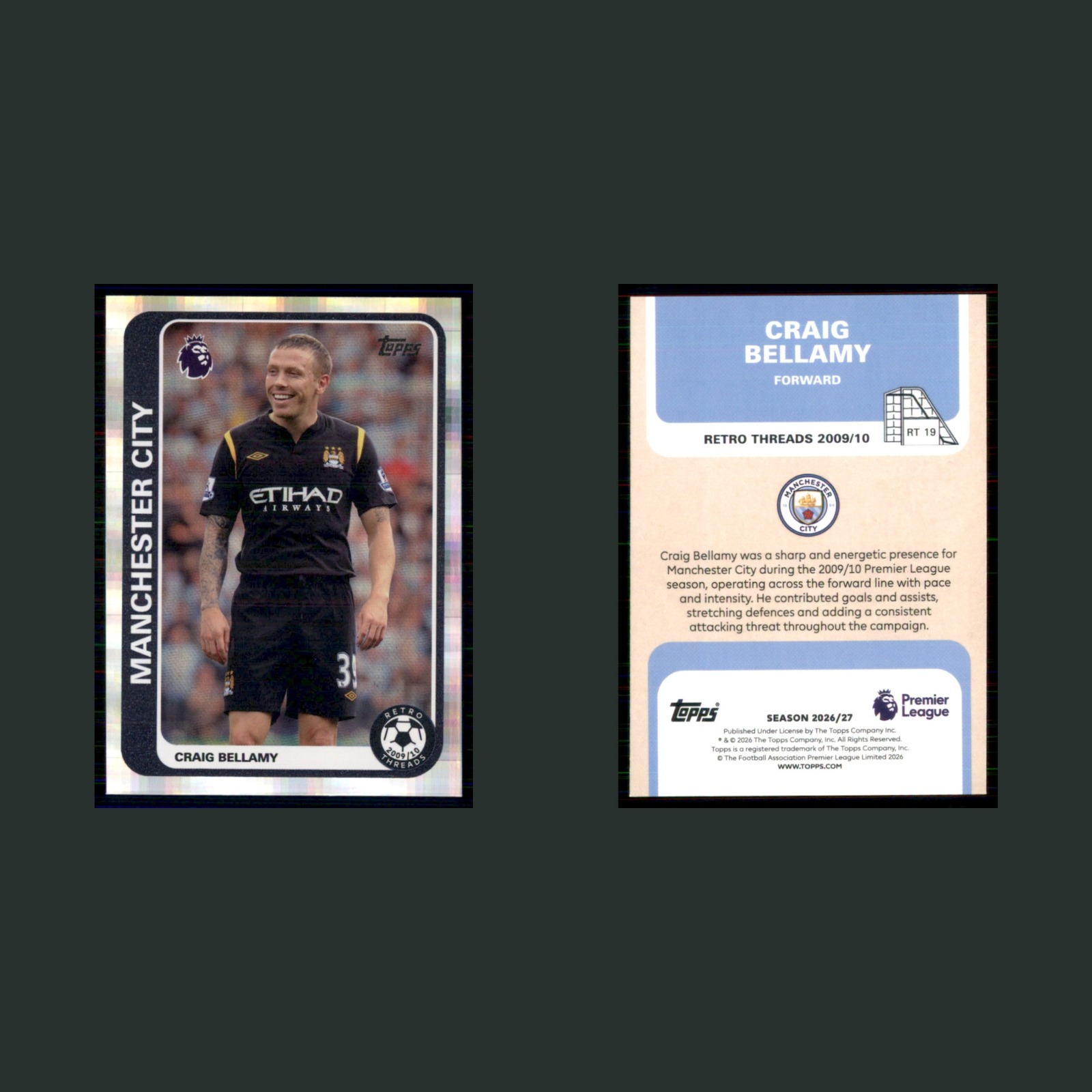 Craig Bellamy #RT 19 2026 Topps Premier League Retro Threads Manchester City front and back scans. Card condition is Near Mint.