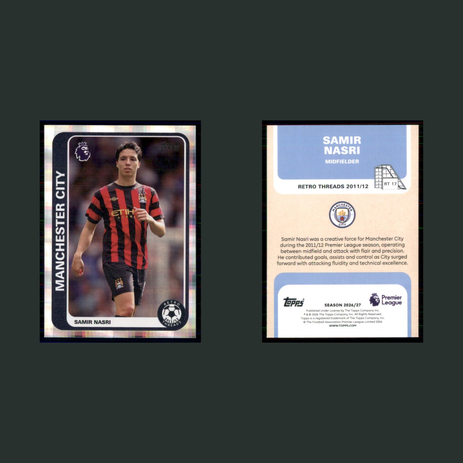 Samir Nasri #RT 17 2026 Topps Premier League Retro Threads Manchester City Card front and back scans. Card condition is Near Mint.