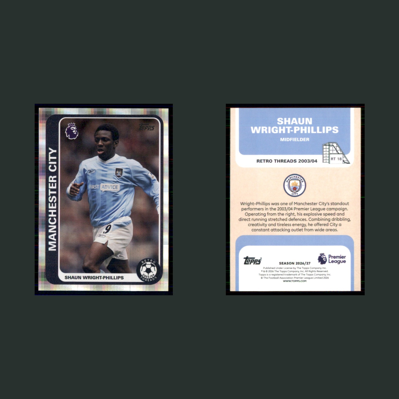 Shaun Wright-Phillips #RT 18 2026 Topps Premier League Retro Threads Soccer Card front and back scans. Card condition is Near Mint.