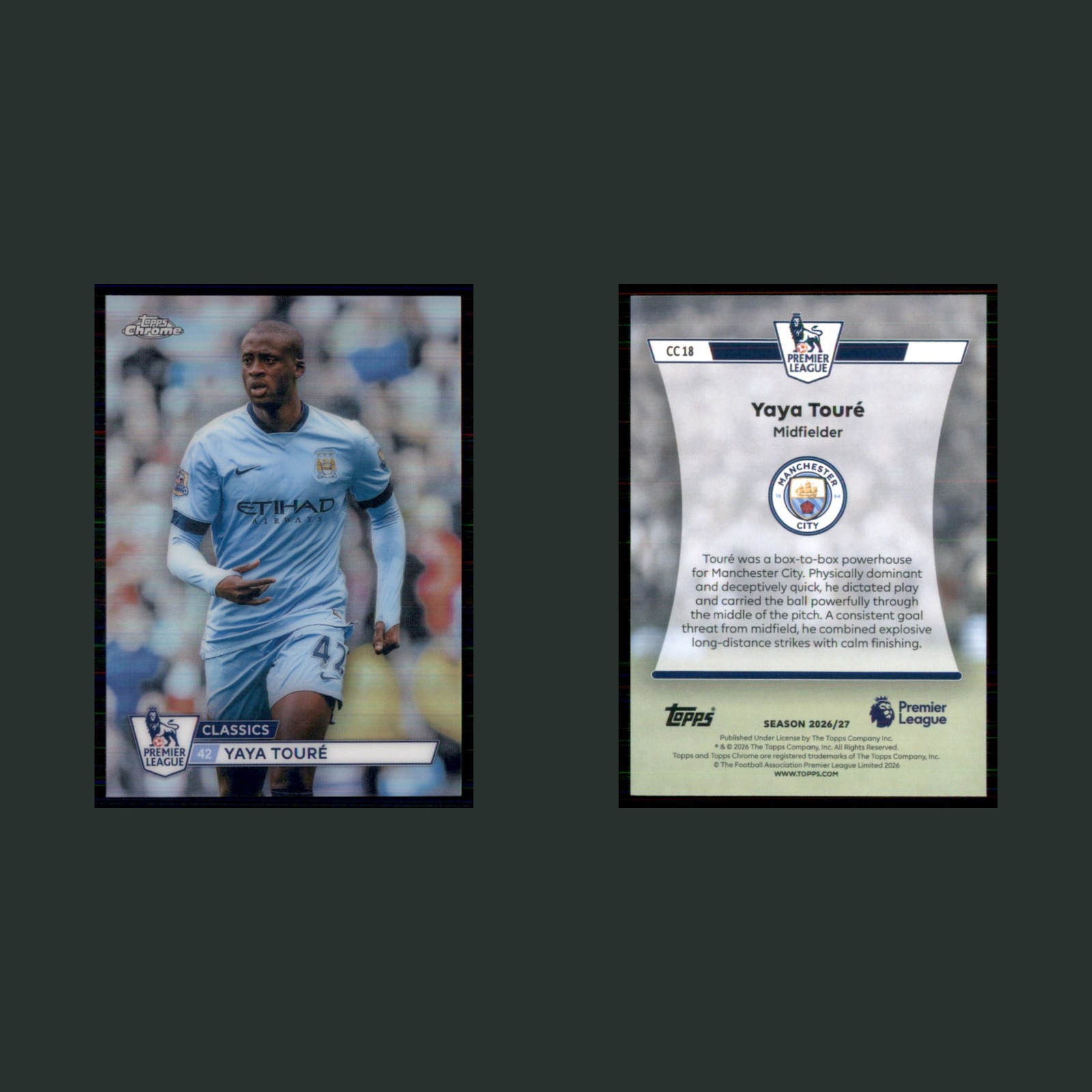 Yaya Touré #CC 18 2026 Topps Premier League Chrome Classics Manchester City Card front and back scans. Card condition is Near Mint.