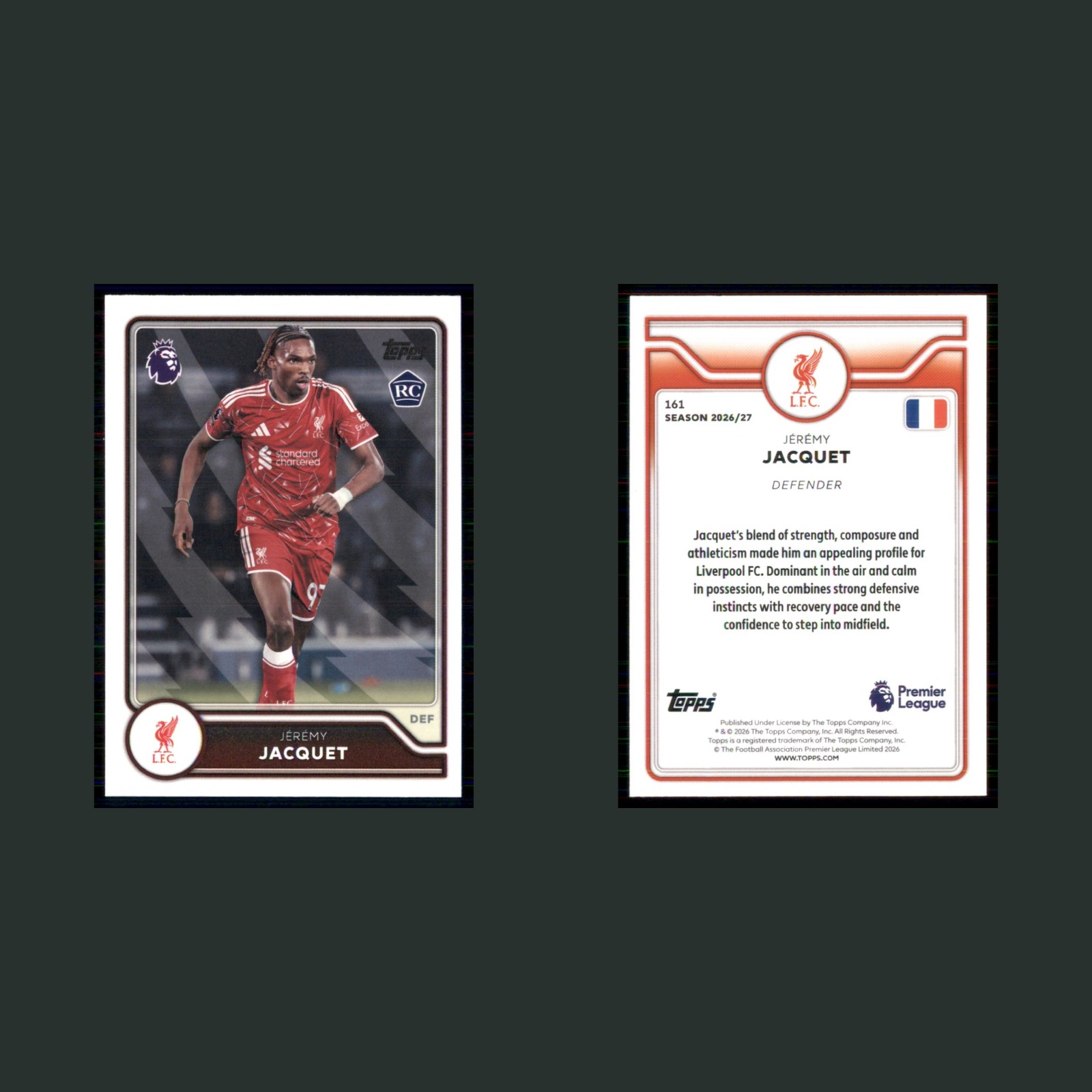 Jérémy Jacquet Rookie #161 2026 Topps Premier League Liverpool FC Soccer Card front and back scans. Card condition is Near Mint.