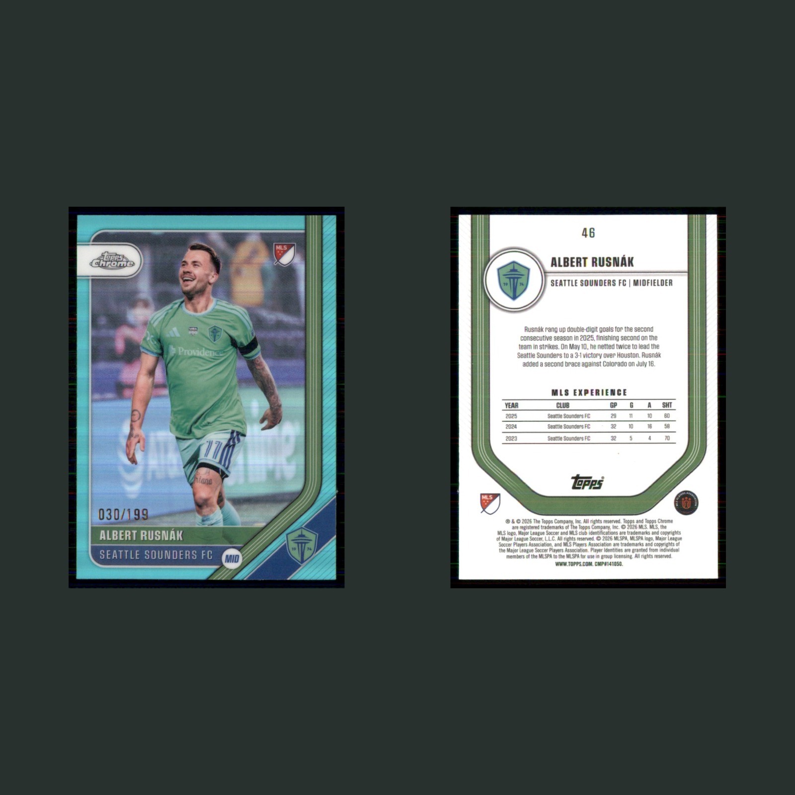 Albert Rusnák /199 #46 2026 Topps Chrome MLS Aqua Refractor Seattle Sounders FC front and back scans. Card condition is Near Mint.