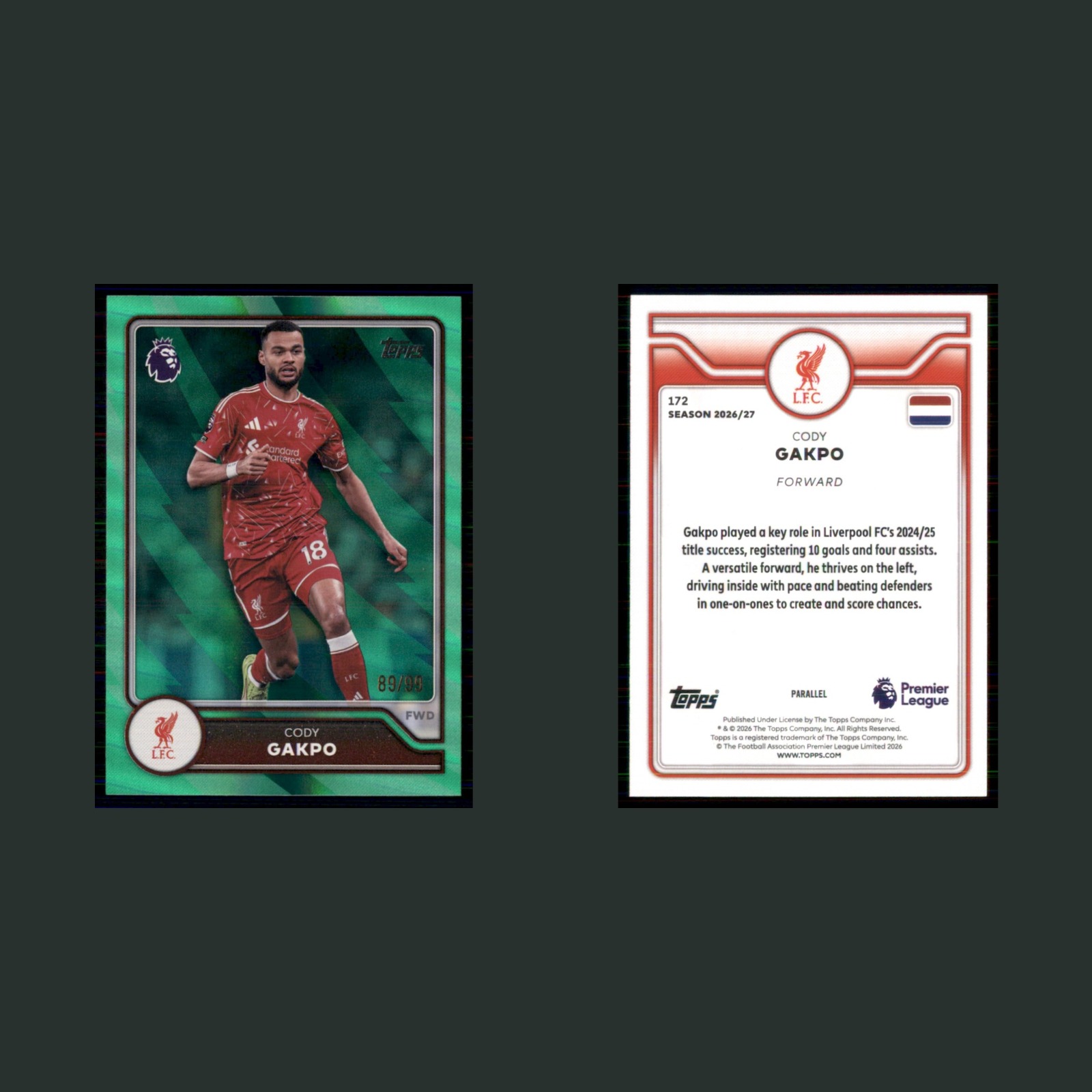 Cody Gakpo /99 #172 2026 Topps Premier League Green Liverpool FC Soccer Card front and back scans. Card condition is Near Mint.