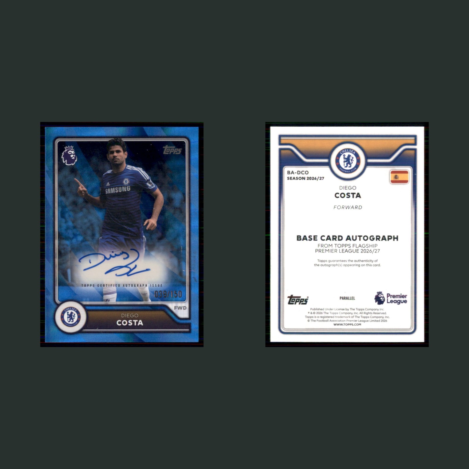 Diego Costa Auto /150 #BA-DCO 2026 Topps Premier League Autograph Blue Chelsea front and back scans. Card condition is Near Mint.