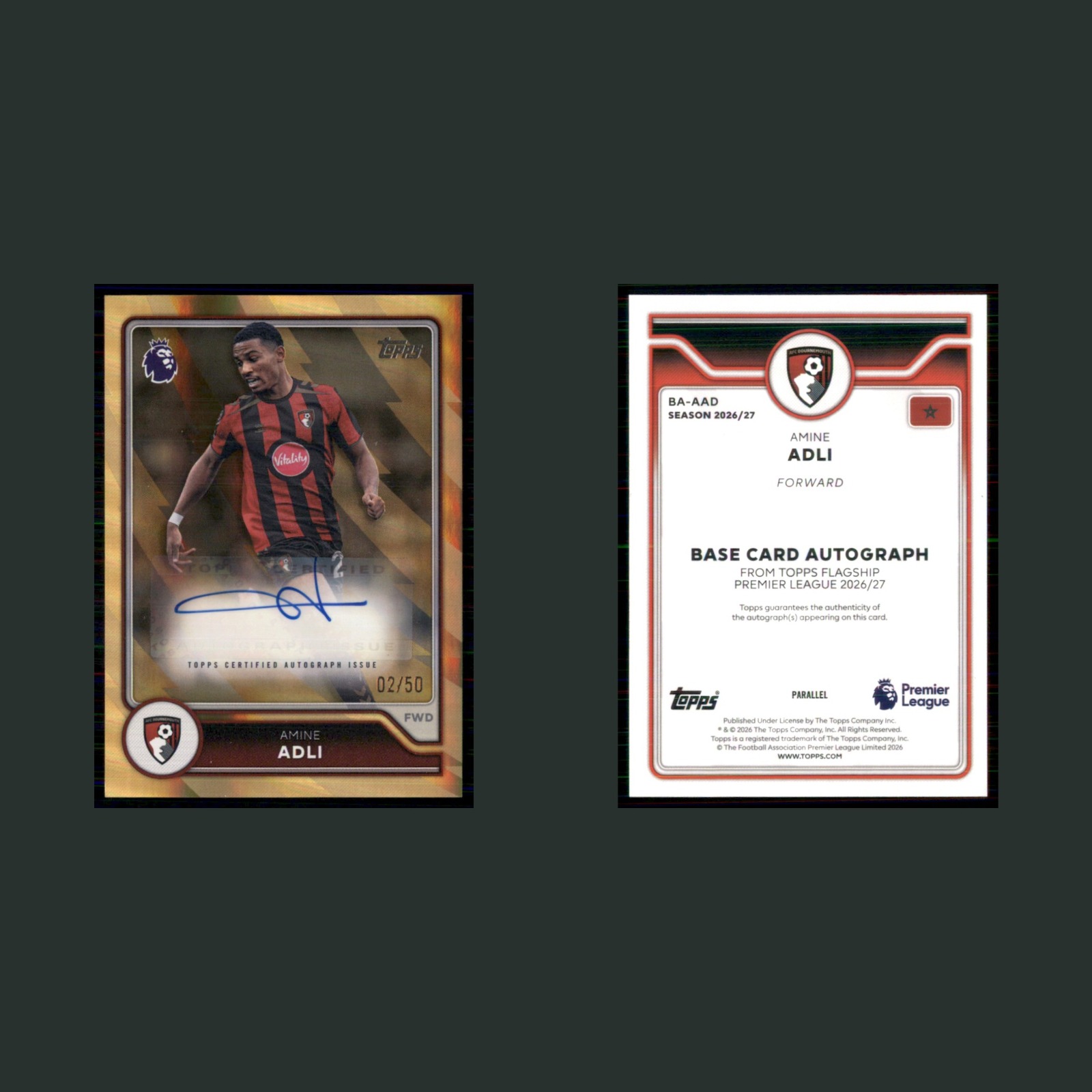 Amine Adli Auto /50 #BA-AAD 2026 Topps Premier League Autograph Gold Soccer Card front and back scans. Card condition is Near Mint.