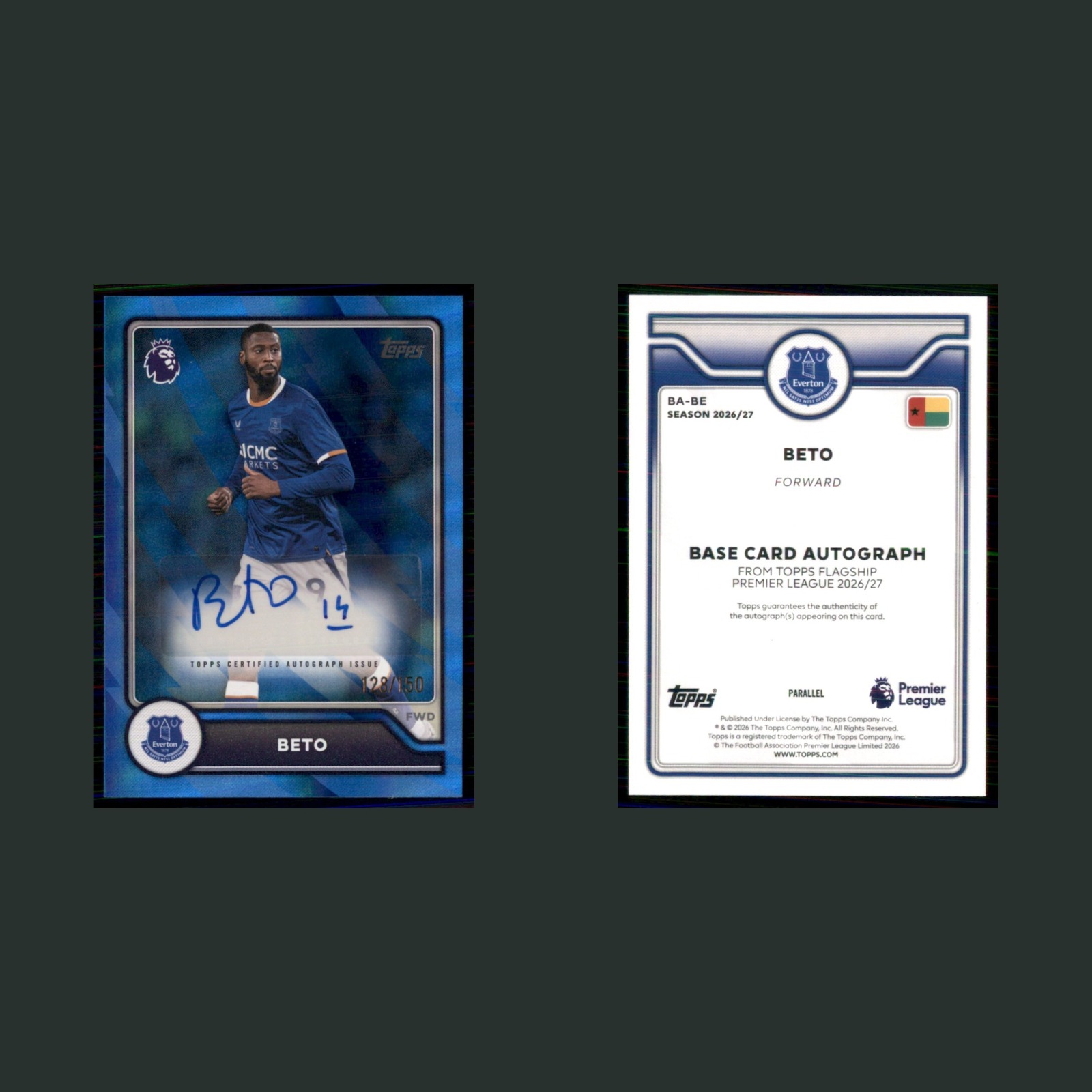Beto Auto /150 #BA-BE 2026 Topps Premier League Autograph Blue Everton Soccer front and back scans. Card condition is Near Mint.