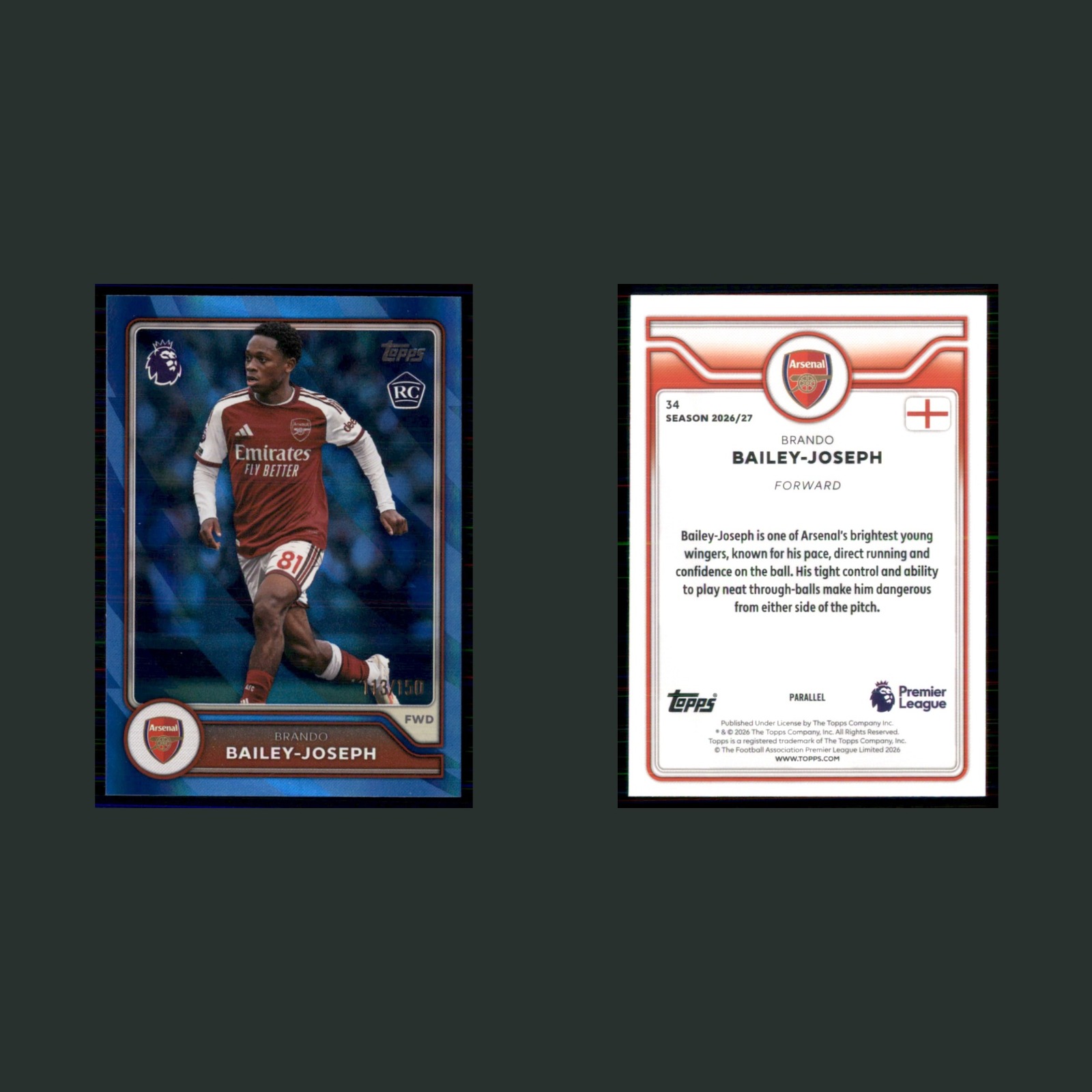 Brando Bailey-Joseph Rookie /150 #34 2026 Topps Flagship Premier League Blue front and back scans. Card condition is Near Mint.