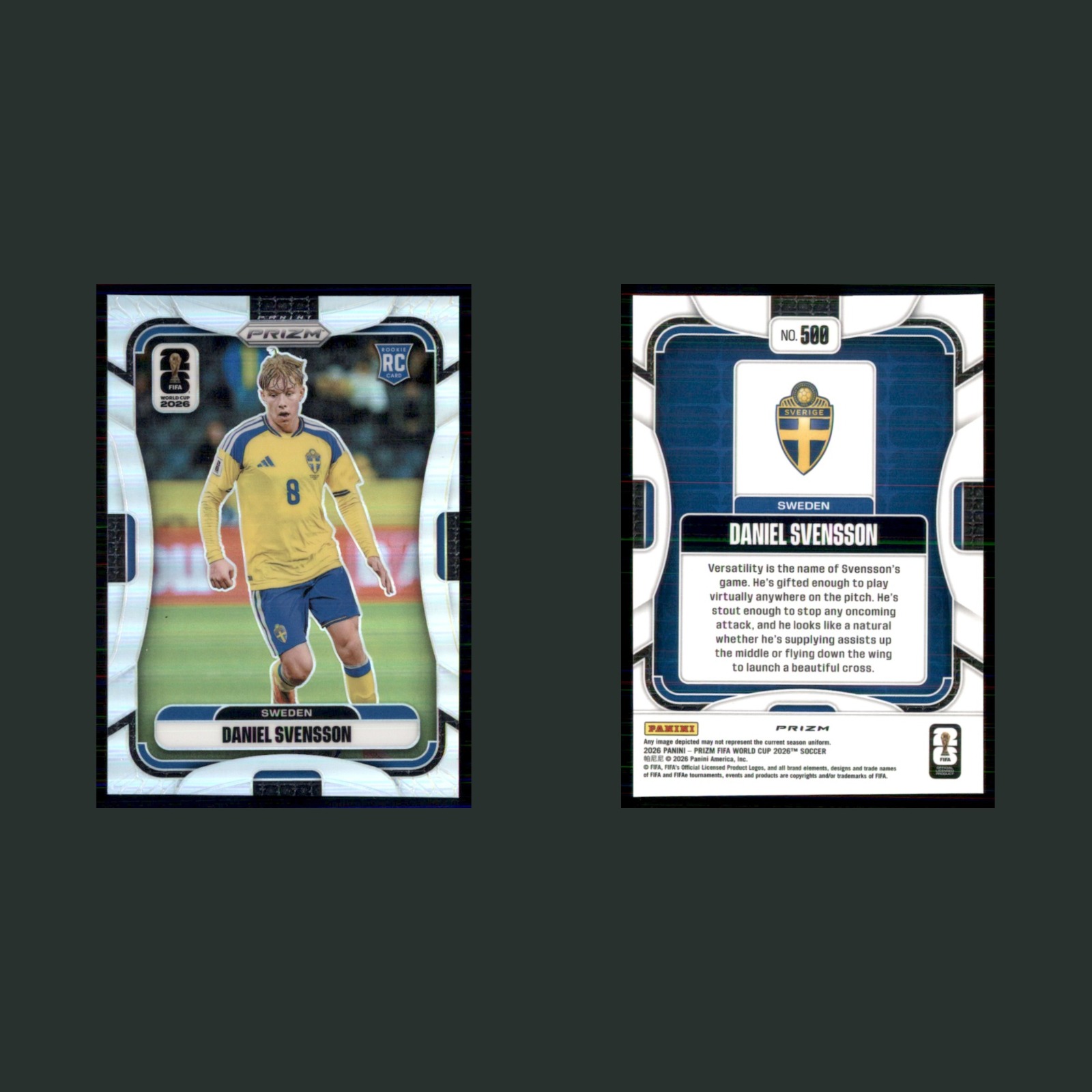 Daniel Svensson Rookie #500 2026 Panini Prizm FIFA World Cup Silver Sweden Card front and back scans. Card condition is Near Mint.