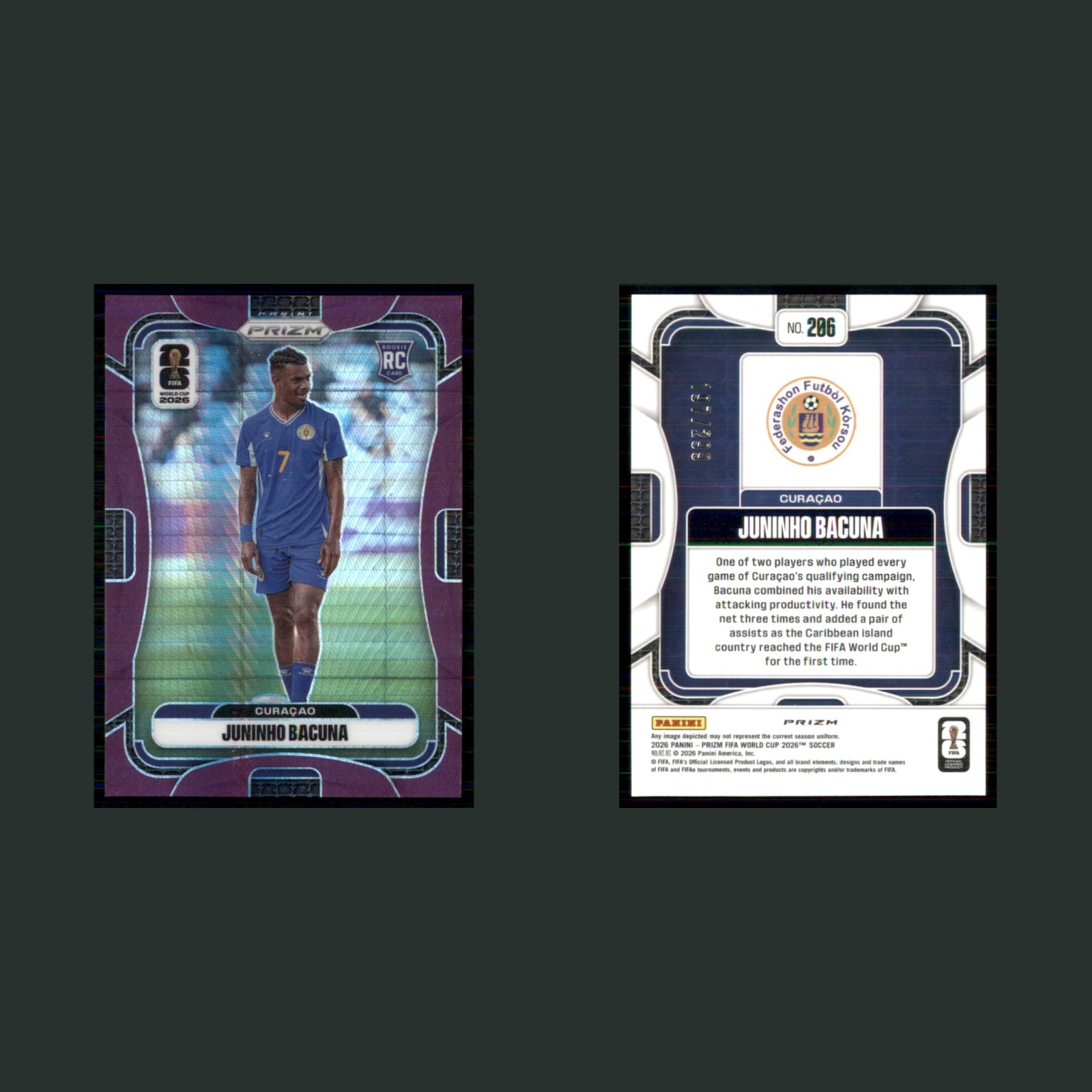 Juninho Bacuna Rookie /299 #206 2026 Panini Prizm FIFA World Cup Purple Hyper front and back scans. Card condition is Near Mint.