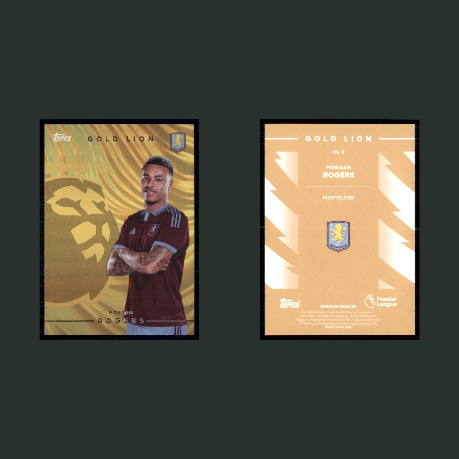 Morgan Rogers #GL4 2026 Topps Flagship Premier League Gold Lion Aston Villa Card front and back scans. Card condition is Near Mint.