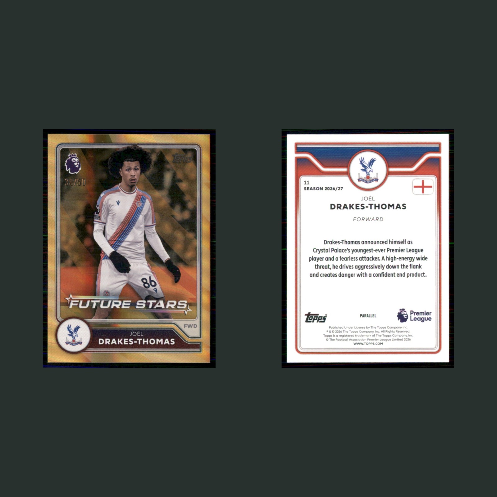 Joël Drakes-Thomas /50 #11 2026 Topps Premier League Future Stars Gold Soccer front and back scans. Card condition is Near Mint.