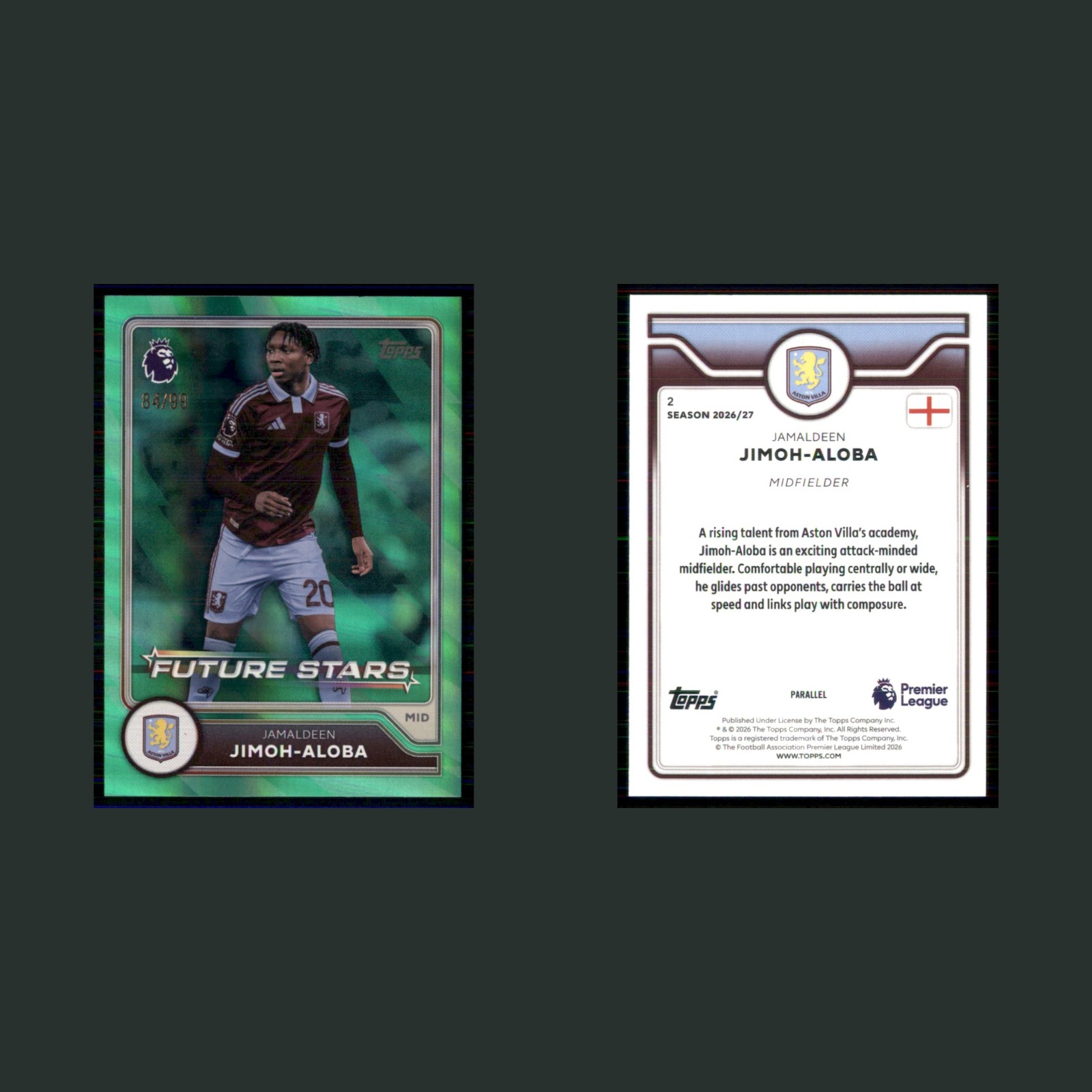 Jamaldeen Jimoh-Aloba /99 #2 2026 Topps Premier League Future Stars Green Soccer front and back scans. Card condition is Near Mint.