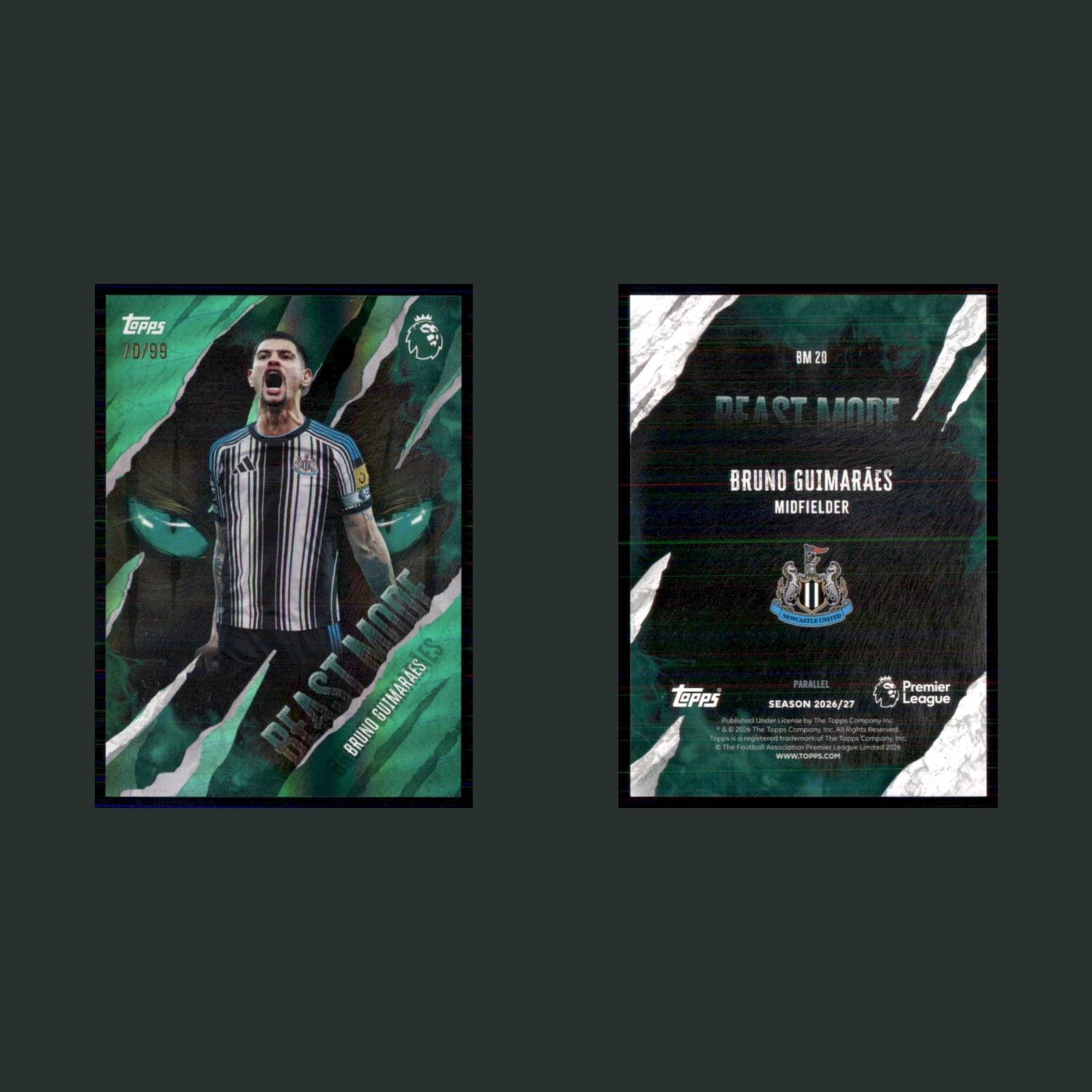 Bruno Guimarães /99 #BM20 2026 Topps Premier League Beast Mode Green Soccer Card front and back scans. Card condition is Near Mint.