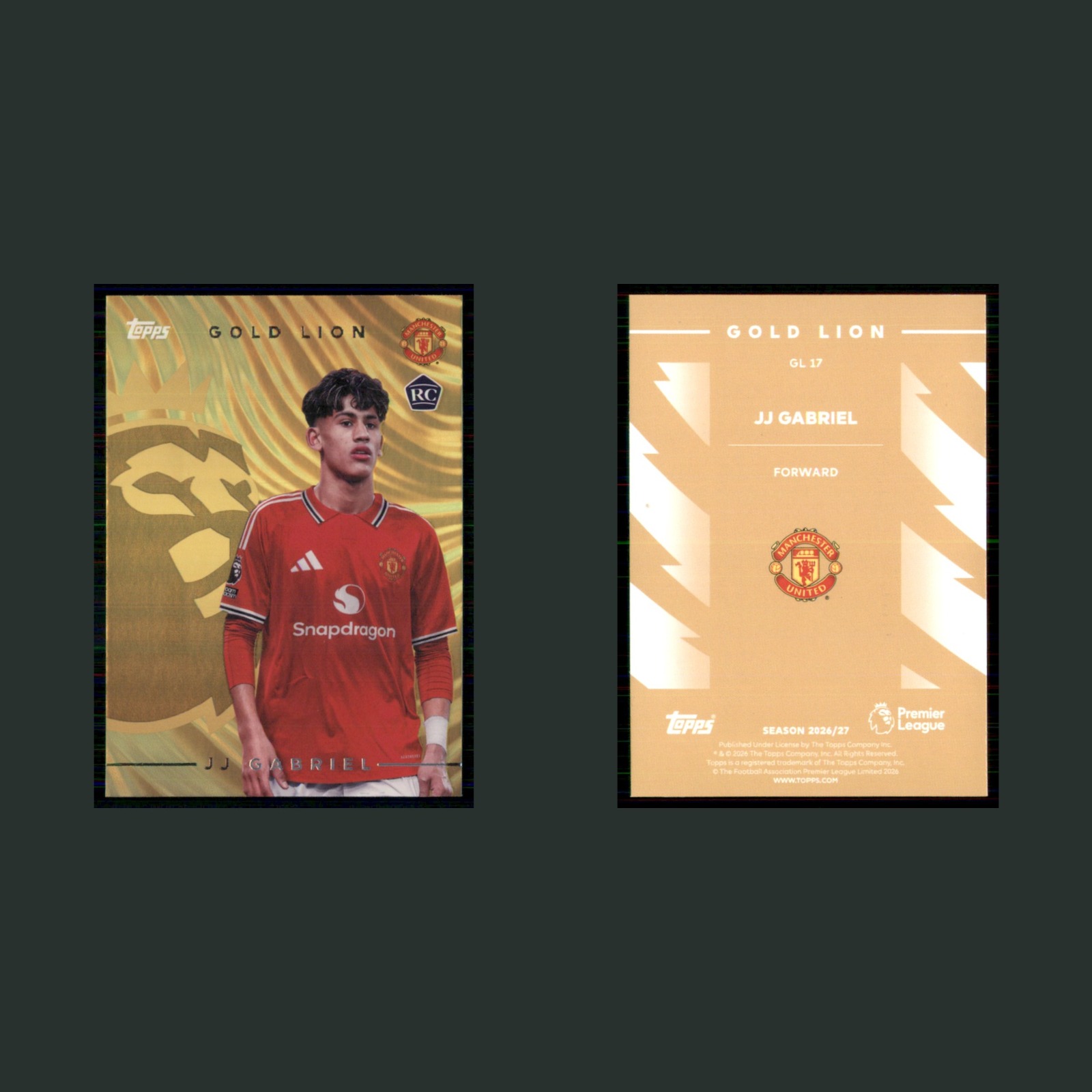 JJ Gabriel Rookie #GL17 2026 Topps Premier League Gold Lion Manchester United front and back scans. Card condition is Near Mint.