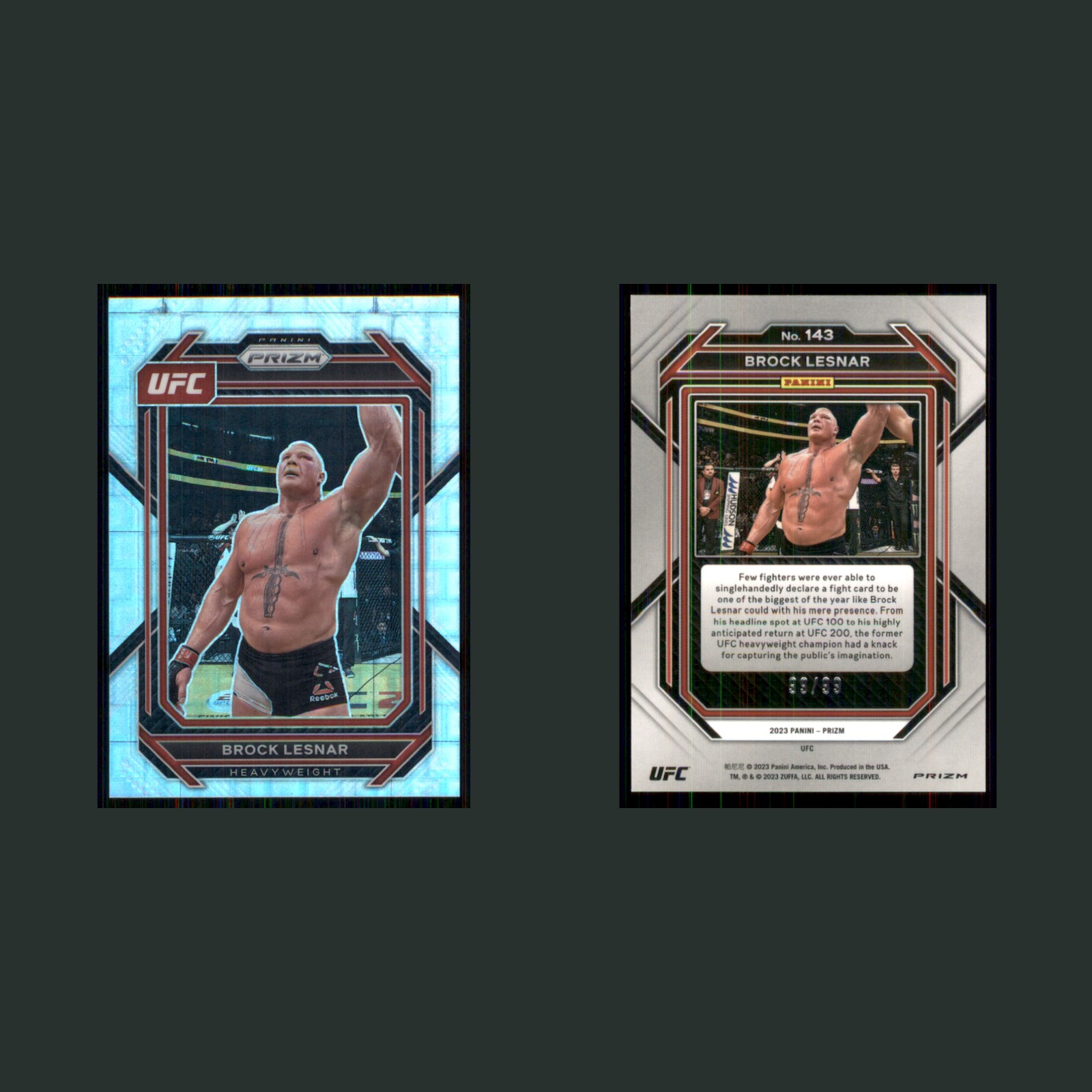 Brock Lesnar /99 #143 2023 Panini Prizm UFC Pandora MMA Card front and back scans. Card condition is Near Mint.