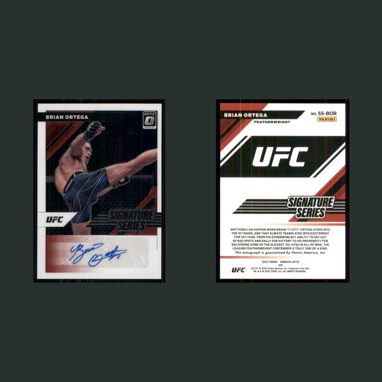 Brian Ortega Auto #SS-BOR 2022 Panini Donruss Optic UFC Signature Series MMA front and back scans. Card condition is Near Mint.