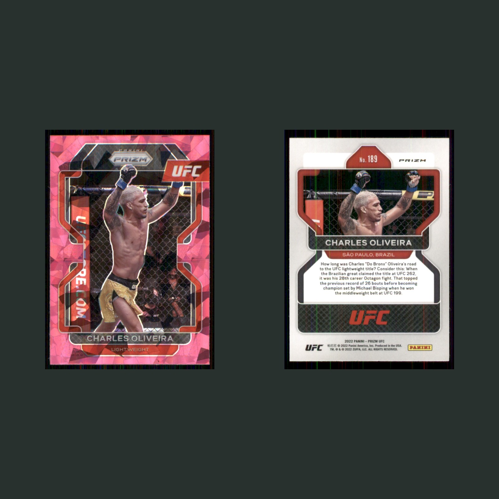 Charles Oliveira #189 2022 Panini Prizm UFC Pink Ice MMA Card front and back scans. Card condition is Near Mint.