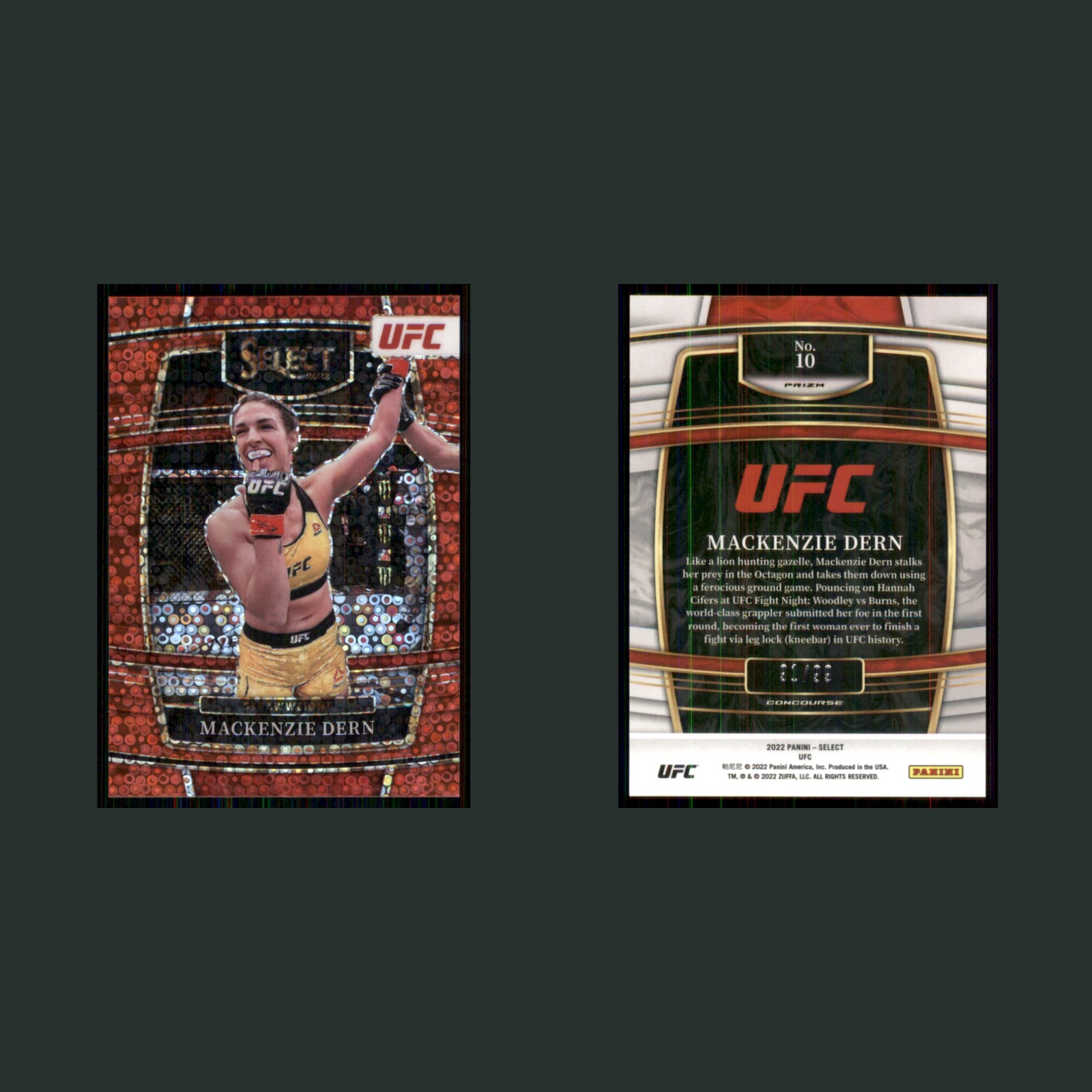 Mackenzie Dern /99 #10 2022 Panini Select UFC Red Disco Prizm MMA Card front and back scans. Card condition is Near Mint.