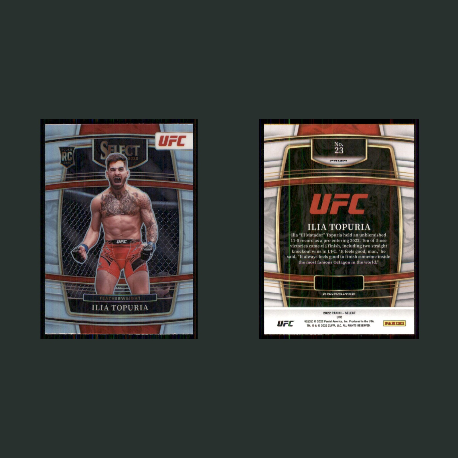 Ilia Topuria Rookie #23 2022 Panini Select UFC Silver Prizm MMA Card front and back scans. Card condition is Near Mint.