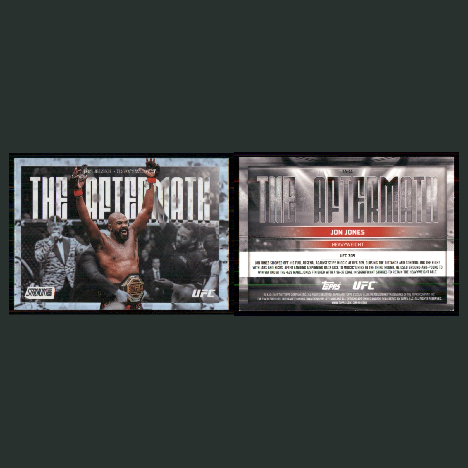 Jon Jones #TA-11 2026 Topps Stadium Club UFC The Aftermath MMA Card front and back scans. Card condition is Near Mint.