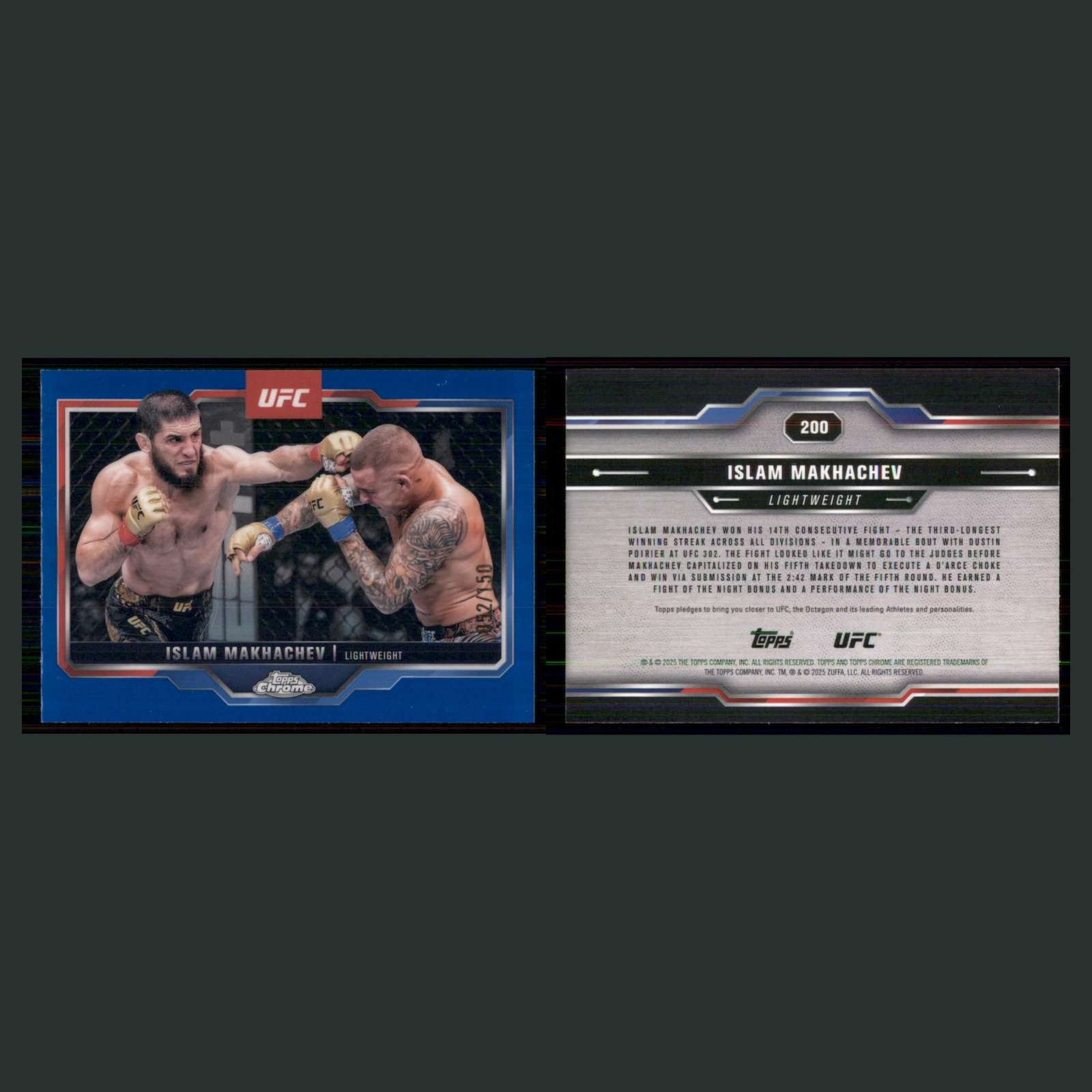 Islam Makhachev /150 #200 2025 Topps Chrome UFC Blue Refractor MMA Card front and back scans. Card condition is Near Mint.