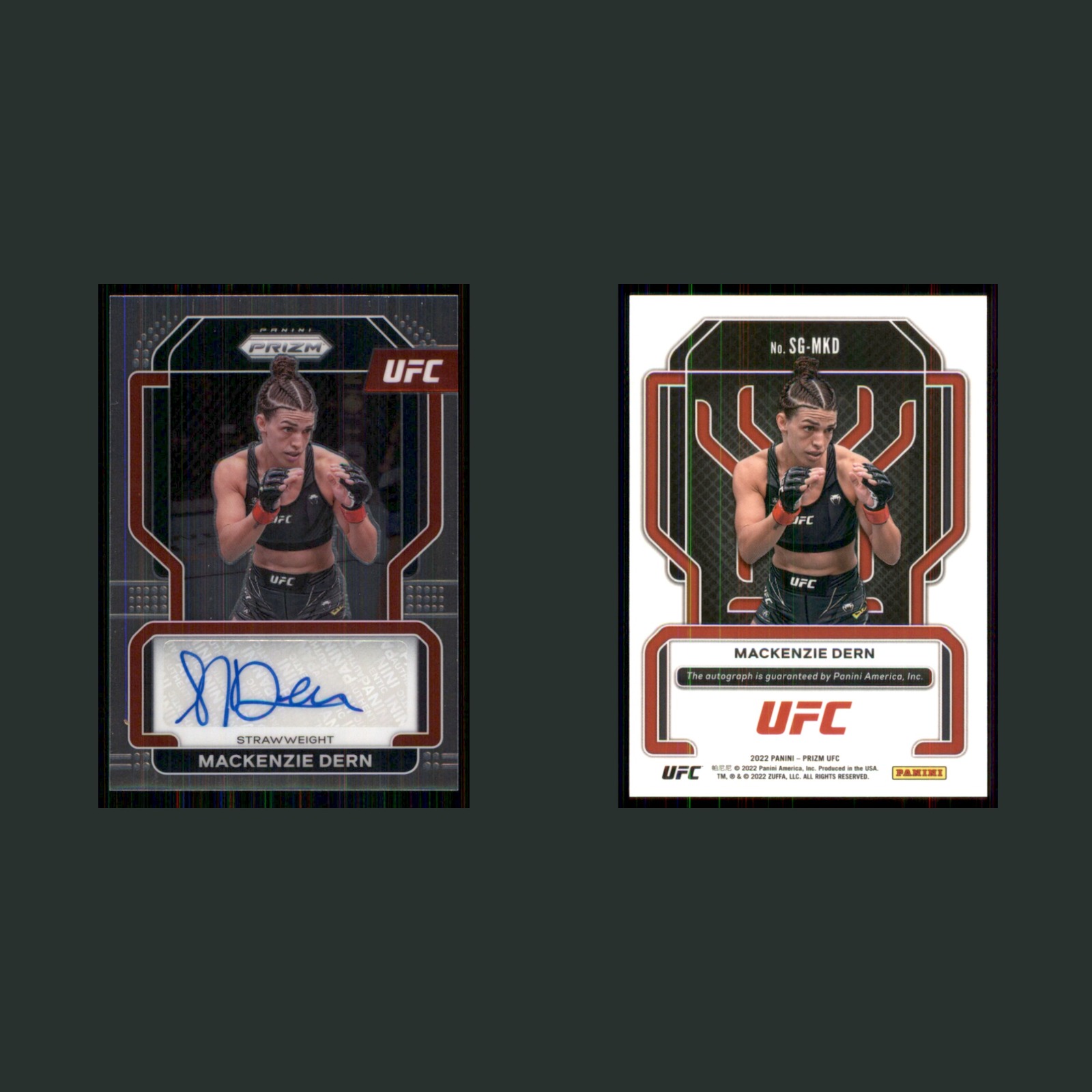 Mackenzie Dern Auto #SG-MKD 2022 Panini Prizm UFC Signatures MMA Card front and back scans. Card condition is Near Mint.