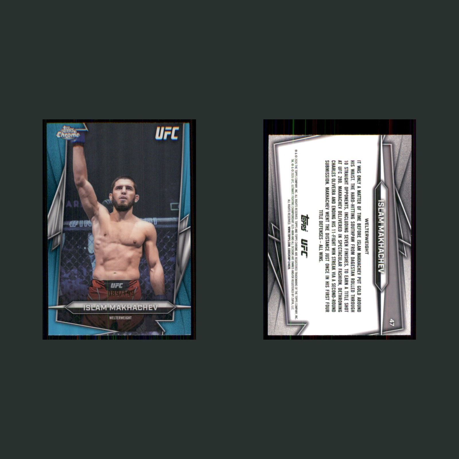 Islam Makhachev /199 #47 2026 Topps Chrome UFC Aqua Refractor MMA Card front and back scans. Card condition is Near Mint.
