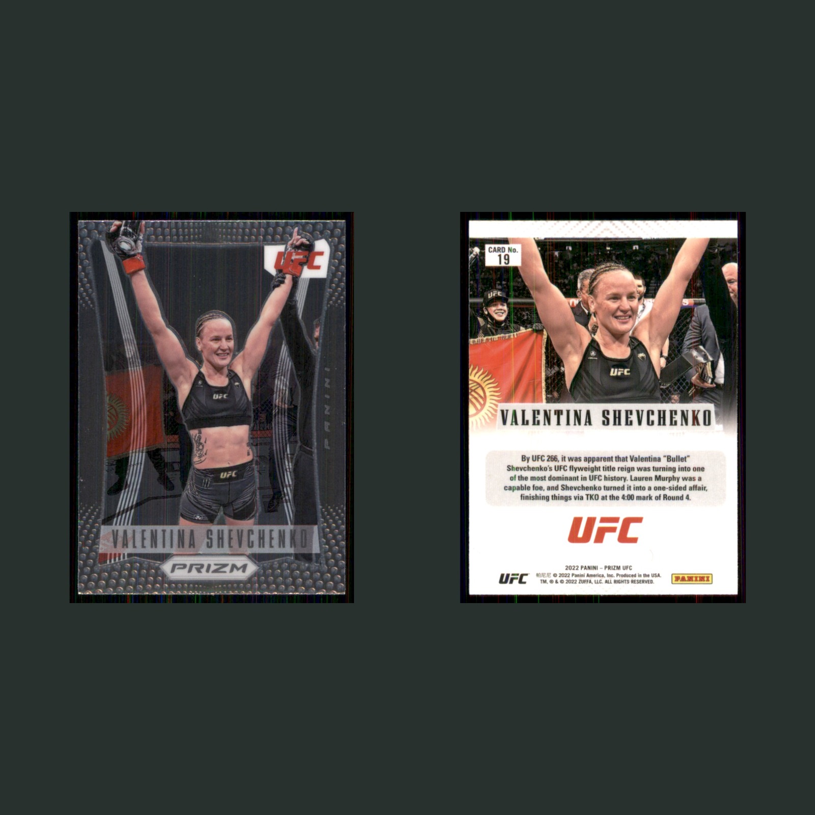 Valentina Shevchenko #19 2022 Panini Prizm UFC Flashback MMA Card front and back scans. Card condition is Near Mint.