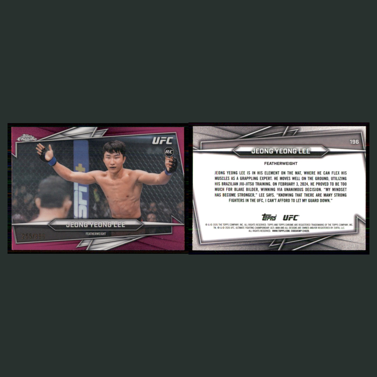 Jeong Yeong Lee Rookie /399 #196 2026 Topps Chrome UFC Magenta Refractor MMA front and back scans. Card condition is Near Mint.