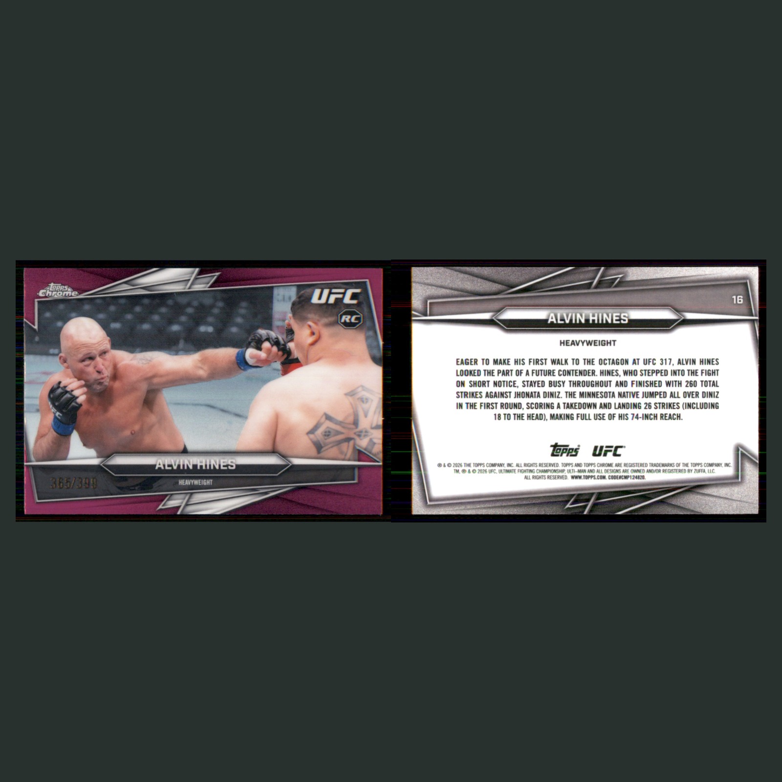 Alvin Hines Rookie /399 #16 2026 Topps Chrome UFC Magenta Refractor MMA Card front and back scans. Card condition is Near Mint.